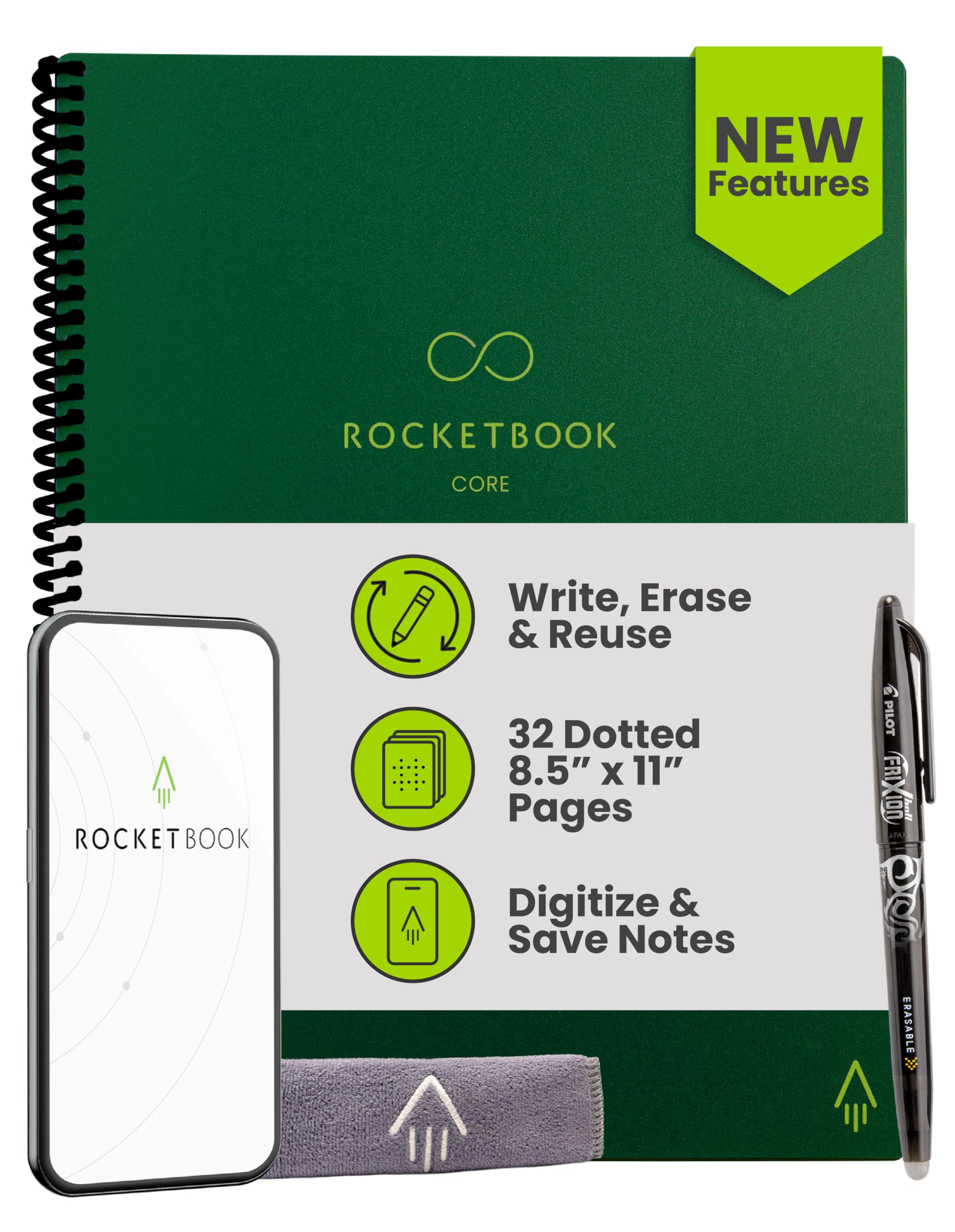 Rocketbook Core Reusable Smart Notebook, Dot Grid Pages For School, Work and Creative Projects, Letter Size 8.5x11, Green - Premium