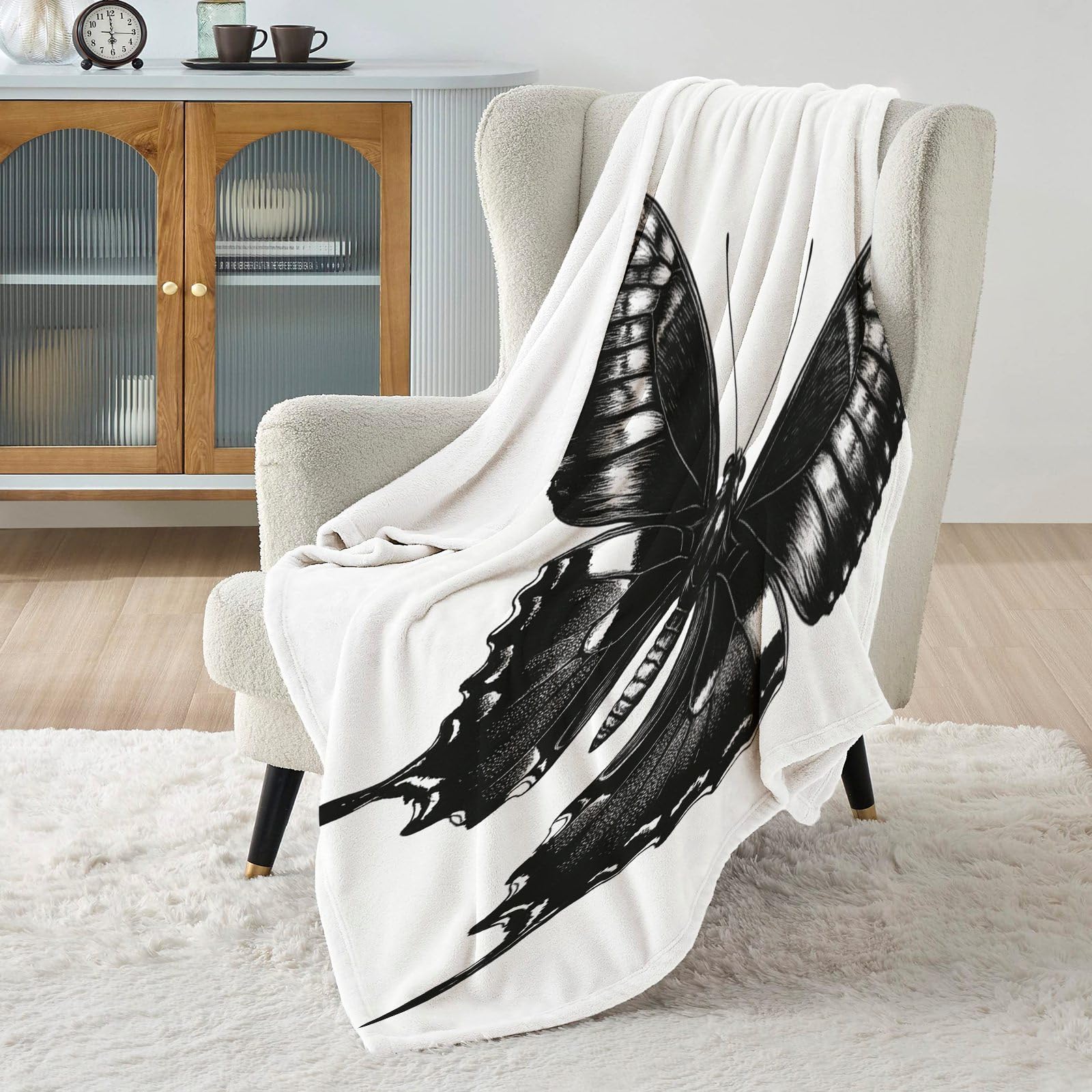 Genérico Czarny motyl kreskówkowy miękki koc flanelowy 3D - narzuta na sofę/łóżko 270 x 230 cm, ultra arealistyczny nadruk 3D zwierzęcy, ciepły polar, zmywalny, dom/sypialnia