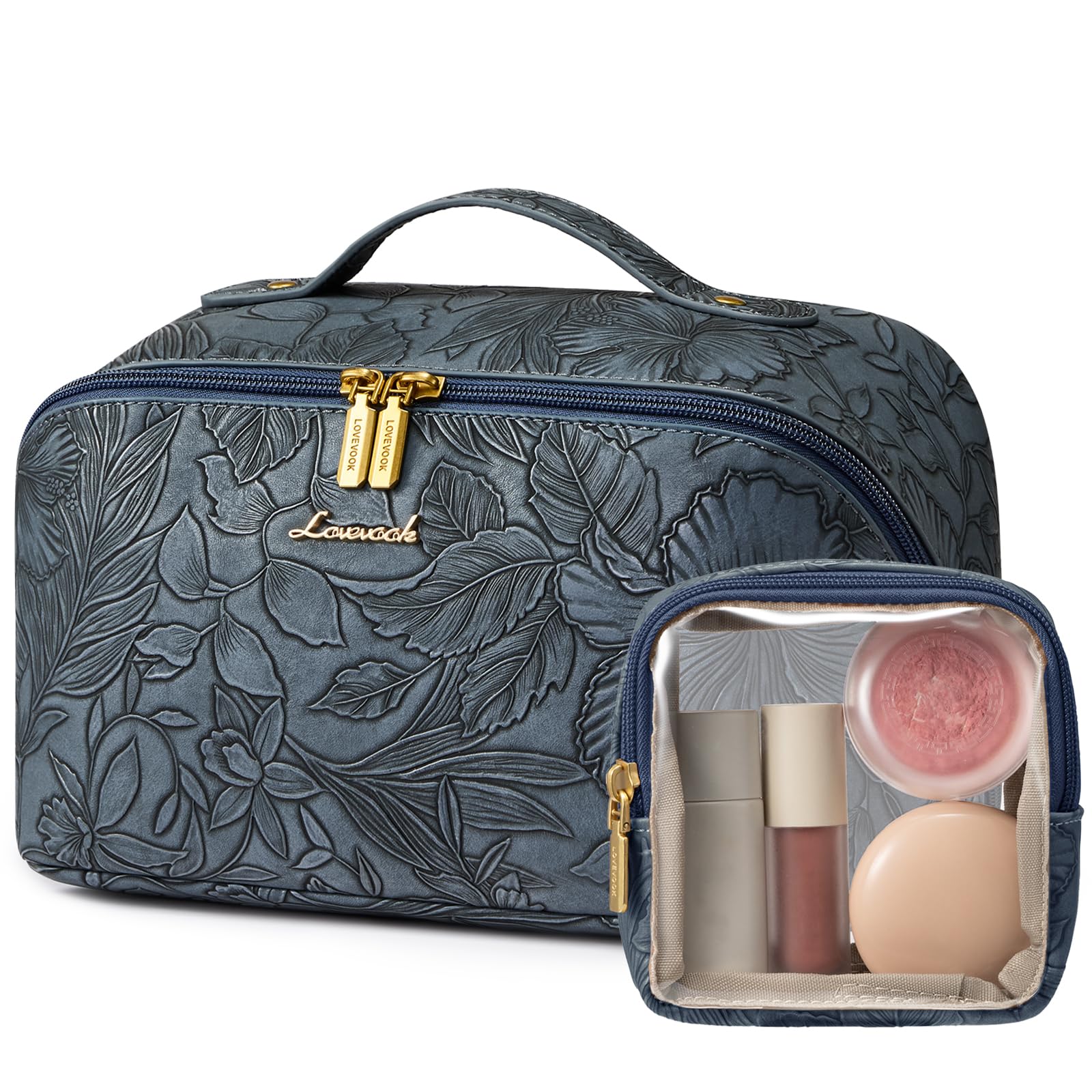 LOVEVOOK Travel Makeup Bag for Women, 2Pcs Large Capacity Cosmetic Organizer Bag, Waterproof PU Leather, Flat Open Portable Small Toiletry Pouch for Skincare, Brushes (Embossed Blue, Medium)