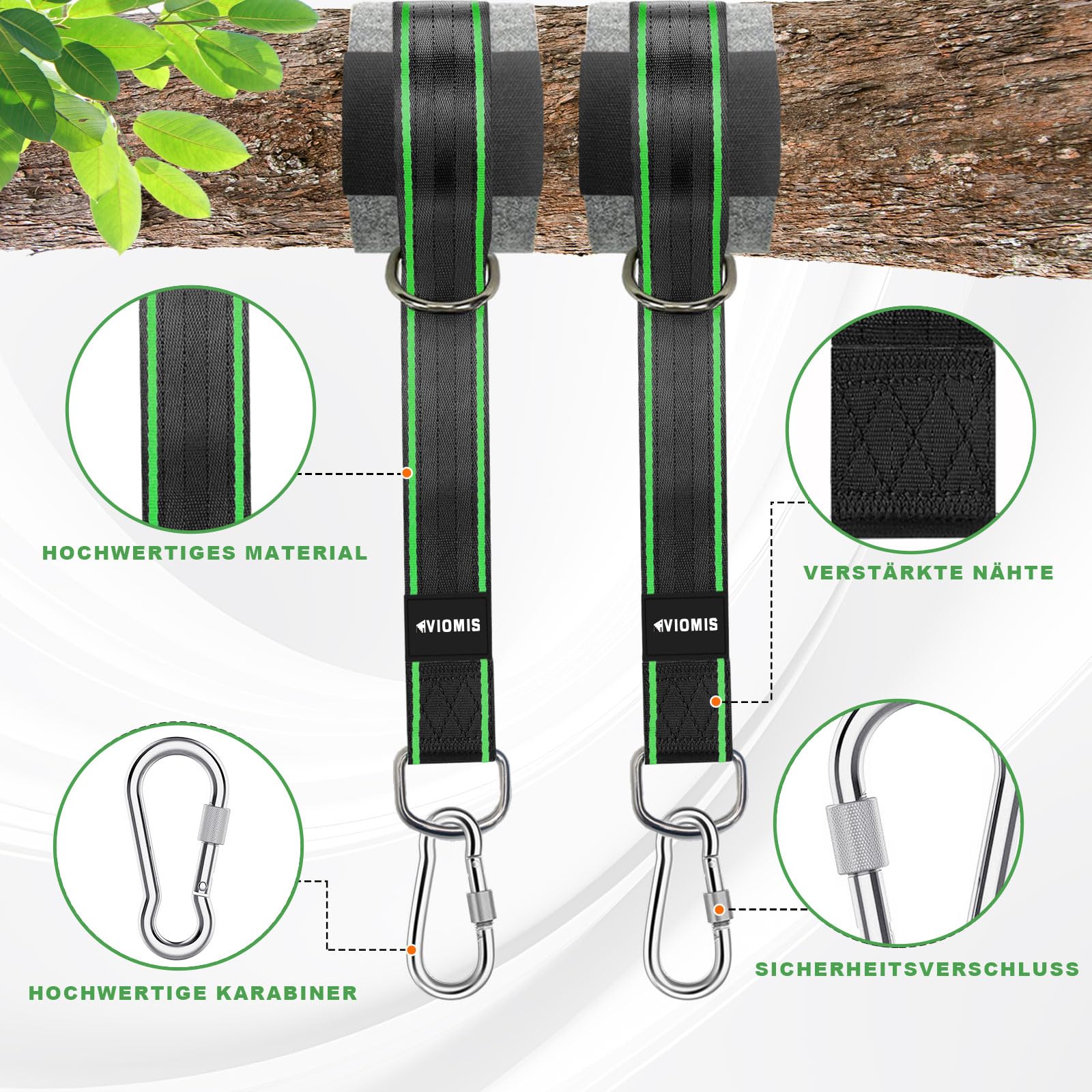 Set di fissaggio per altalena e amaca, 900 kg, pacchetto completo con cinghie da 150 cm, moschettoni, anelli a D, protezione dell'albero e custodia, uso universale per giardino e esterno