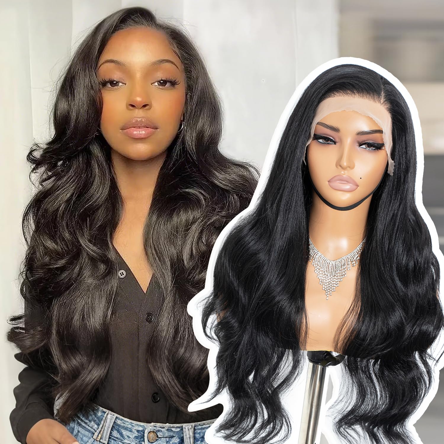 Joedir 26" Big Curly Wavy 13x4 Free Parting HD Lace Frontal Wigs Pre Plucked Natural Hairline High Temperature Synthetic Wigs For Women(Black Color) 1B