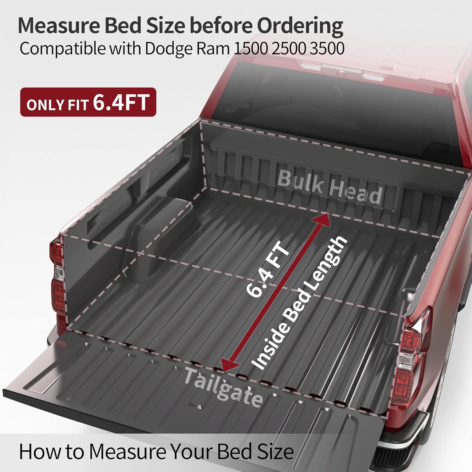 Diagram showing how to measure truck bed length from bulkhead to tailgate, indicating a 6.4ft bed length.