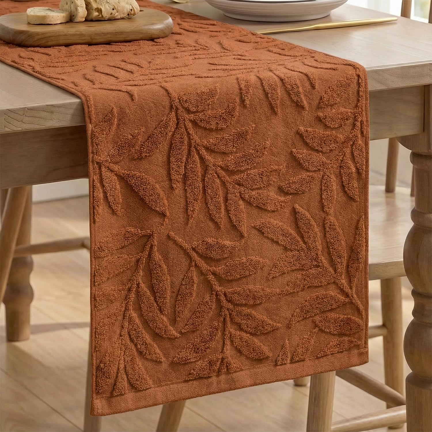 Artoid Mode Caramel Soft 3D Jacquard Leaves 100% Cotton Spring Table Runner, Holiday Kitchen Dining Table Decoration for Home Party Decor 13x72 Inch
