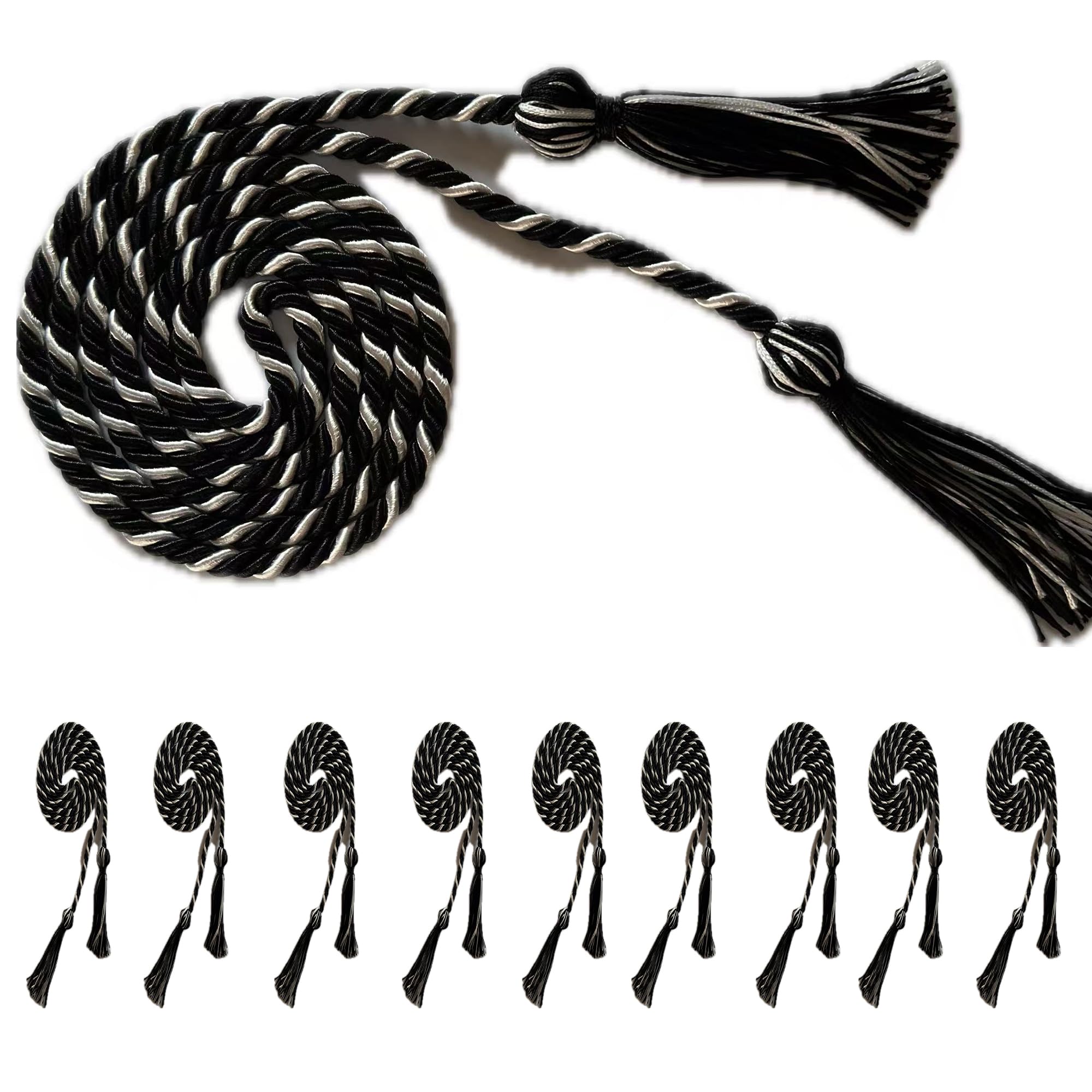 Rogeramz Black White 10Pcs Graduation Cords Multi Color Braided Gradution Honor Cords With Tassel For High School Bachelor Master Doctor 68" Long (Black White)