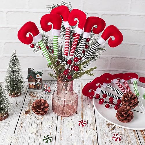 Miniatura 6 de 6 pares de adornos de árbol de patas de elfo de Navidad de 9.4 pulgadas con alambre fijo a rayas de felpa rellenas de patas de elfo decoraciones