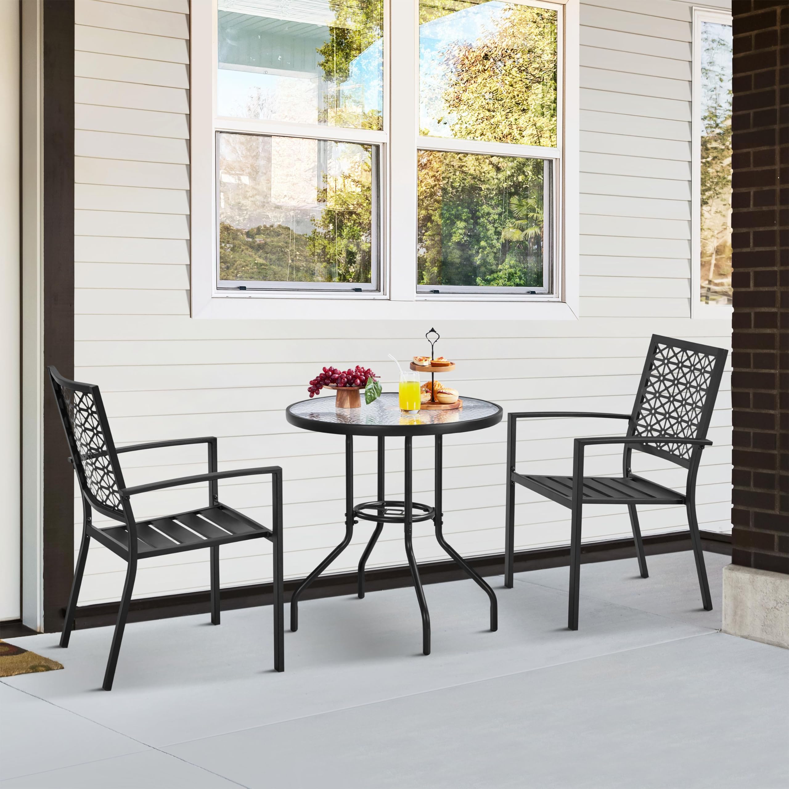 Yaheetech Set di 2 Sedie da Pranzo da Giardino Esterno Impilabili in Metallo con Braccioli e Schienale Moderno Prato Veranda Cortile Piscina Balcone Nero 58 × 59,5 × 89 cm