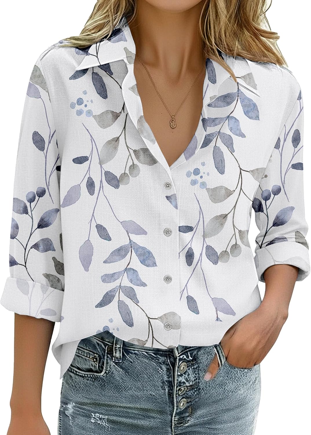 Zeagoo Womens Cotton Linen Button Down Shirts Loose Fit Long Sleeve Collared Blouse Casual V Neck Tops Outfits S-3XL