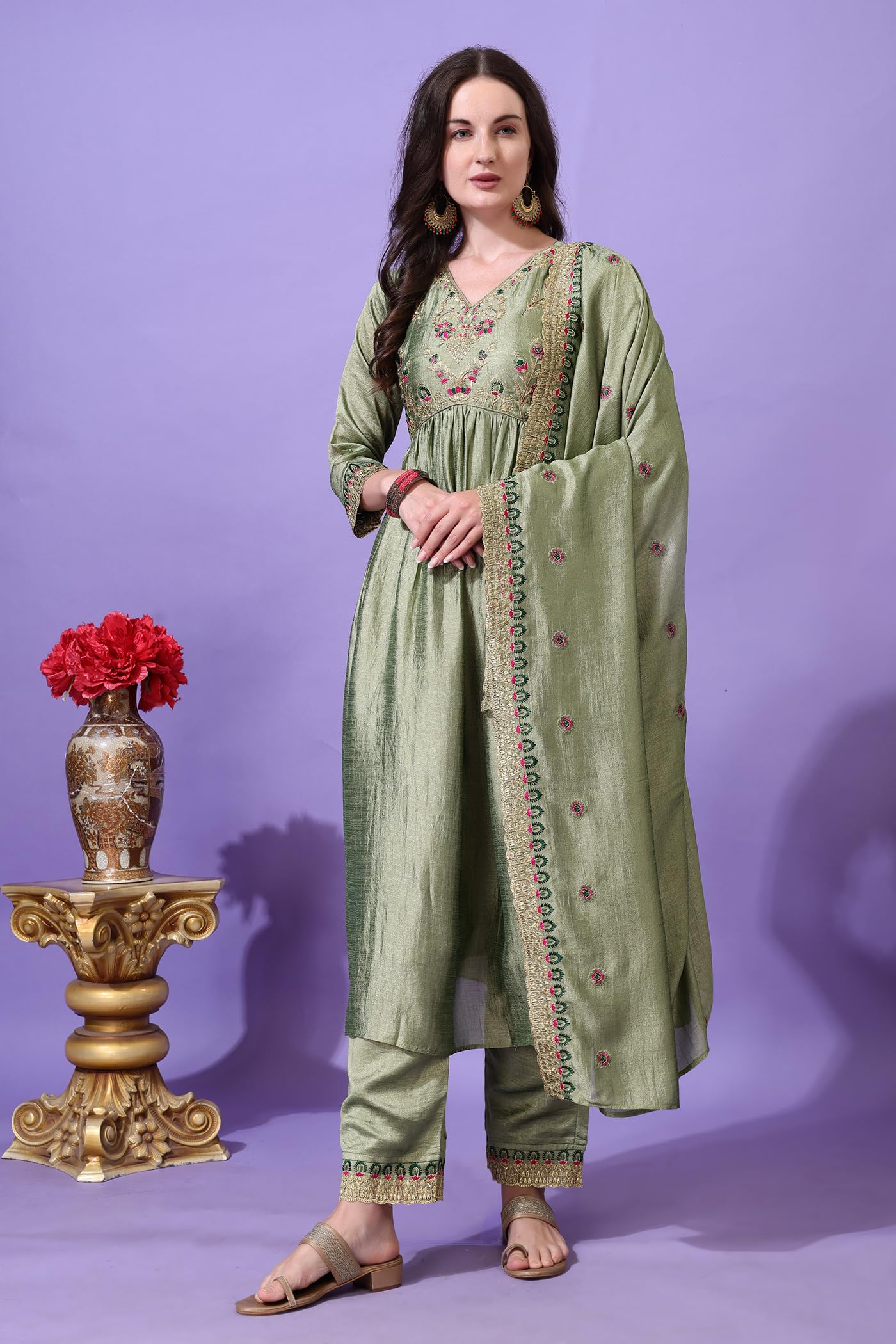 Pratham Blue Women's Silk Embroidered Anarkali Kurta Palazzos With Dupatta |Kurta Set For Women |Women's Kurta |Women Embroidered Kurta Sets Kurtis (Bkp-1012-S_Green)
