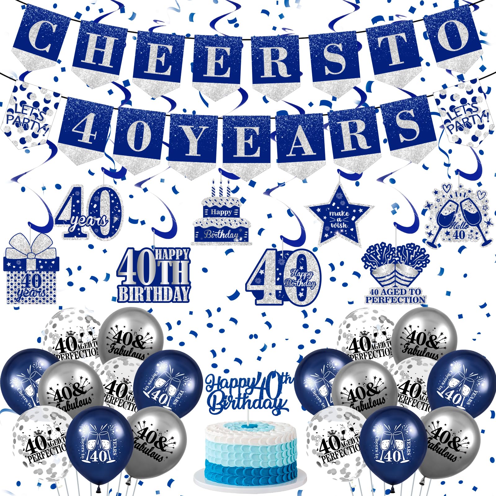 Blue 40th Birthday Decorations for Men Women Blue Silver 40th Birthday Banner Hanging Swirls Navy Blue 40th Birthday Balloons Happy 40th Birthday Cake