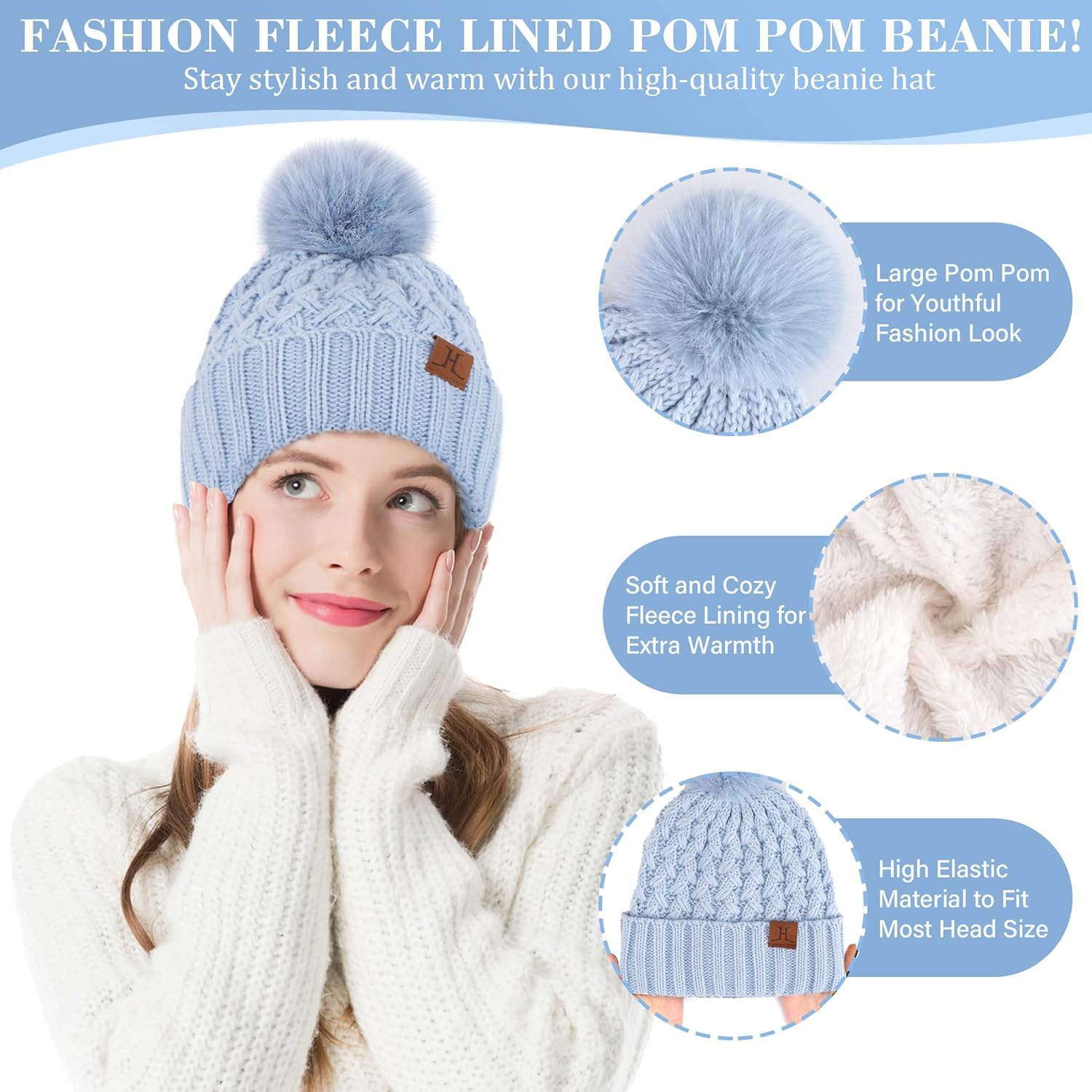 Womens Winter Beanie Hat Touchscreen Gloves Long Neck Scarf Set Warm Knit Caps with Pom Fleece Gifts for Women