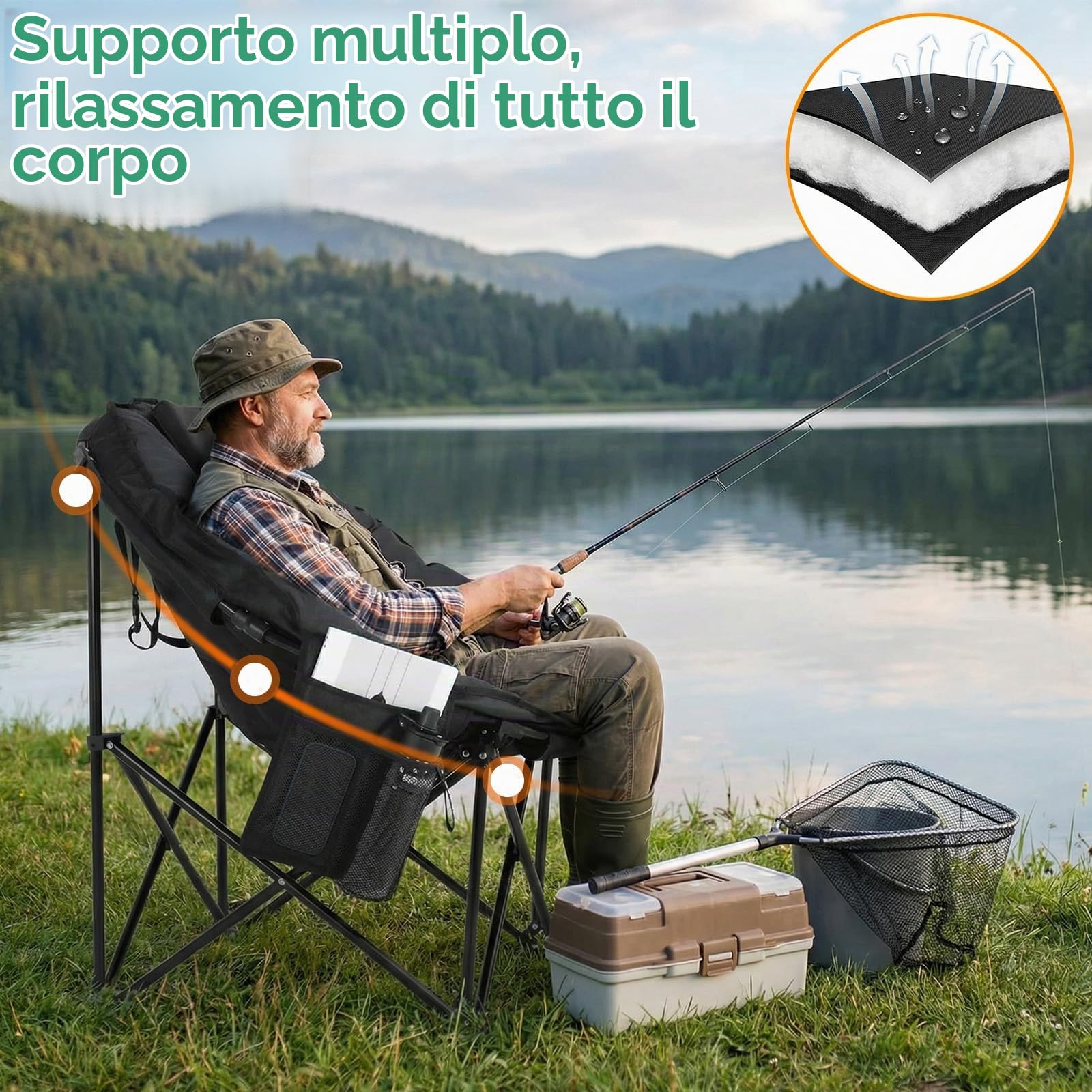 LIFERUN Sedia Pieghevole da Campeggio 150KG, Sedia da Campo Portatile, Moonchair imbottita XXL, con Poggiatesta, Tasca Laterale, borsa per il trasporto, per Giardino, Spiaggia, Trekking, Pesca, Nero