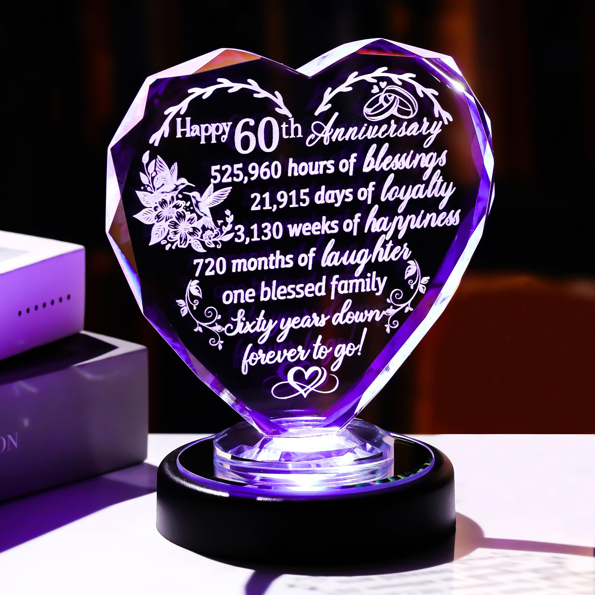 Ornalrist 60th Anniversary Heart Gifts for Couples, Parents - 60 Year Anniversary Keepsake with Multicolor LED Light Base for Women, Her, Wife,