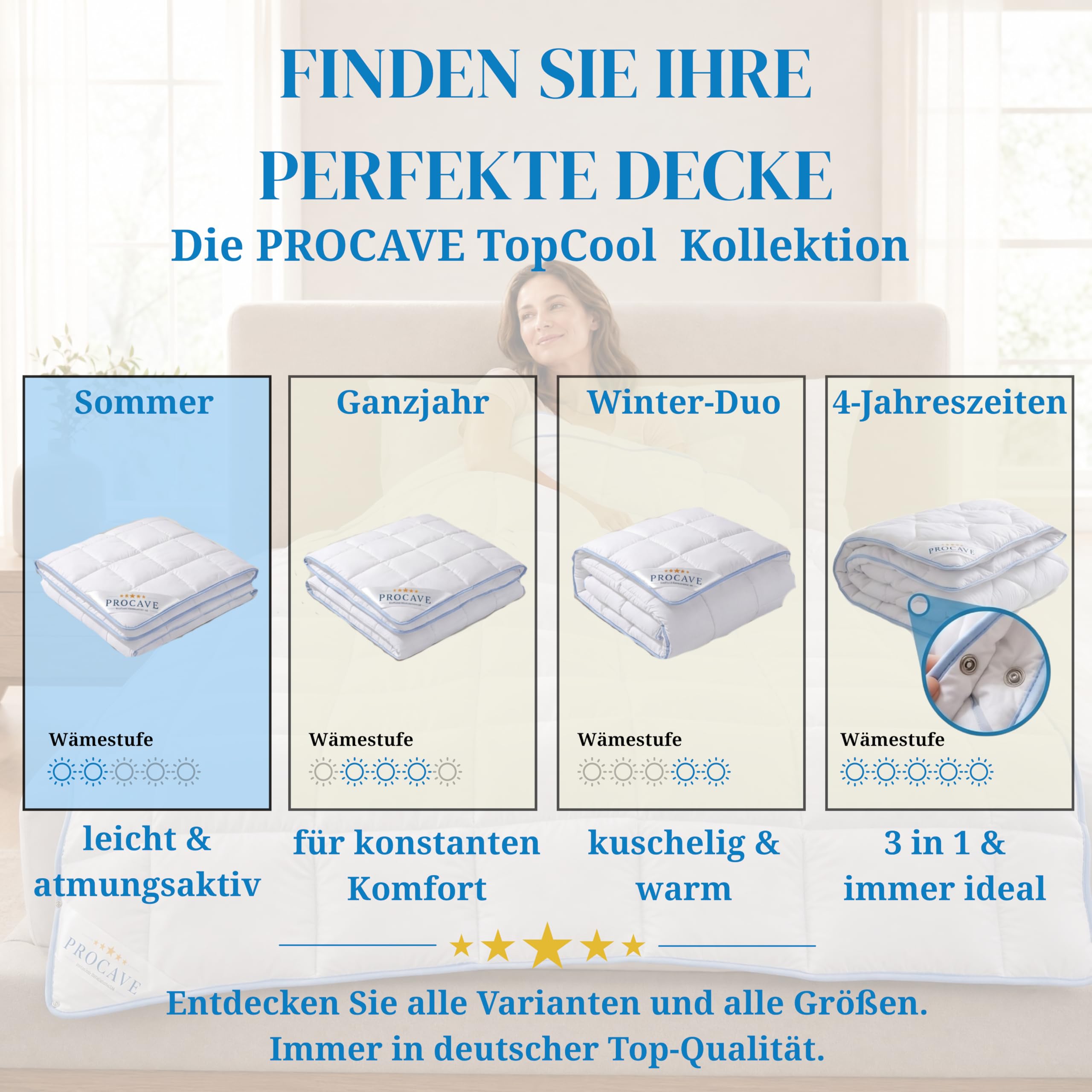 PROCAVE TopCool Sommer-Bettdecke 200x220 cm, atmungsaktiv & kühlend | gegen Nachtschwitzen, federleicht, 95 Grad kochfest waschbar, für Allergiker, formstabile Steppung, Made in Germany