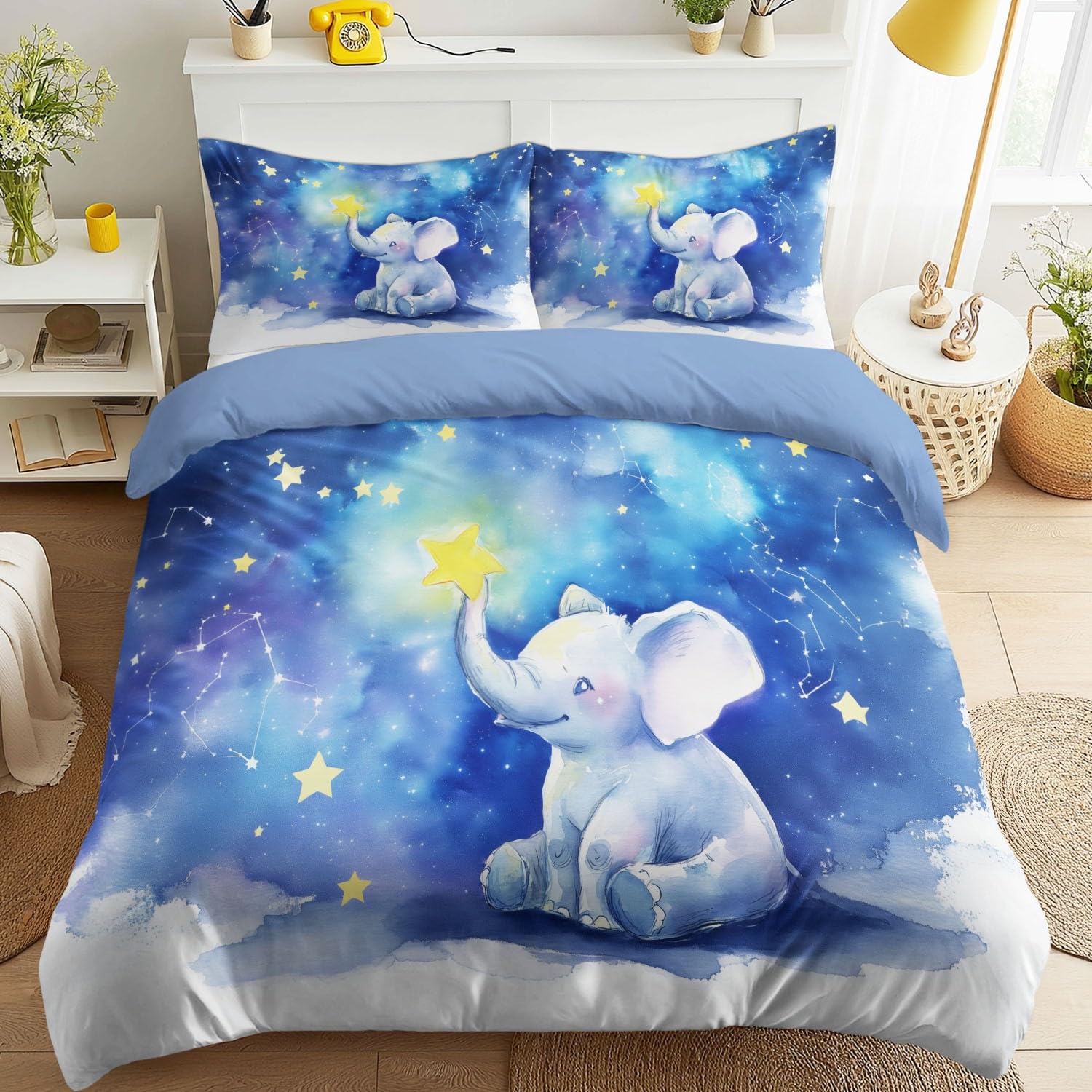 Generisch Fantasy Romantyczny komplet pościeli, poszewka na kołdrę 155 x 220 cm, 3-częściowy, pościel dwustronna, słonie, gwiazdki, mikrofibra, z zamkiem błyskawicznym