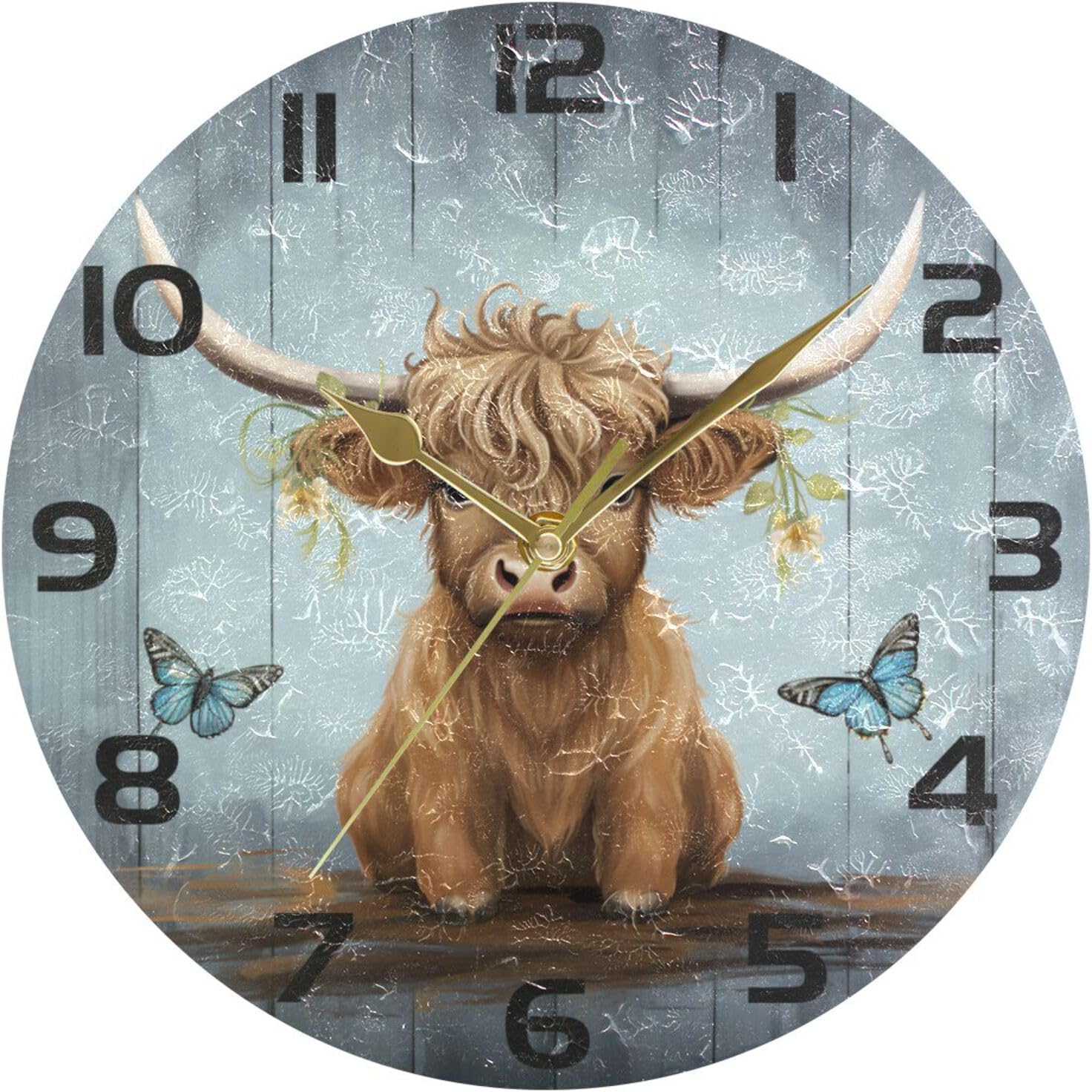 ALAZA Highland Cow Baby Wall Clock Non Ticking Decorative Desk Clock for Bedroom Kitchen Living Room School Office,Black