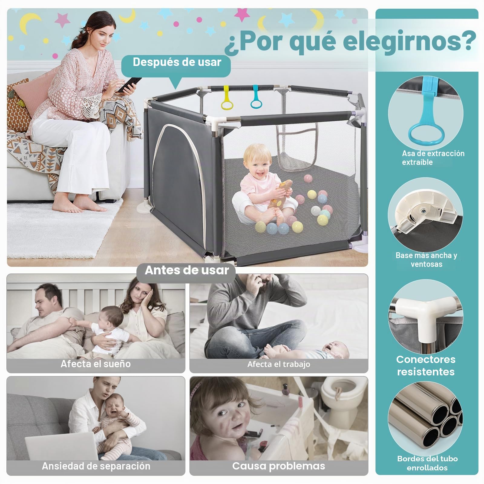 CHOLY Parque infantil para bebés y niños pequeños, parque estable hexagonal con malla transpirable, valla de actividades para niños para interiores y exteriores con bolsa de viaje (Gris oscuro)