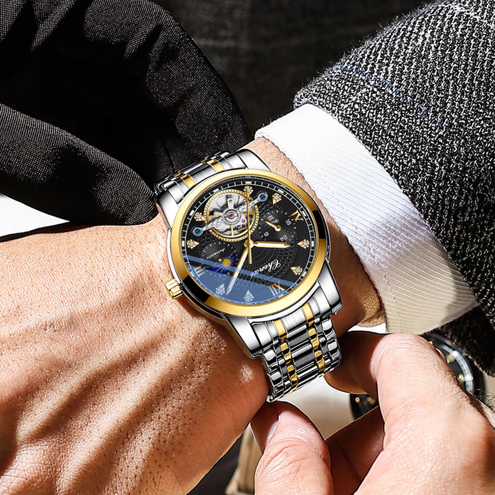 FORSINING Männer Mechanische Uhr Tourbillon Moon Phase Mode Armbanduhr Automatische Herrenuhren Edelstahl Wasserdicht Geschäft