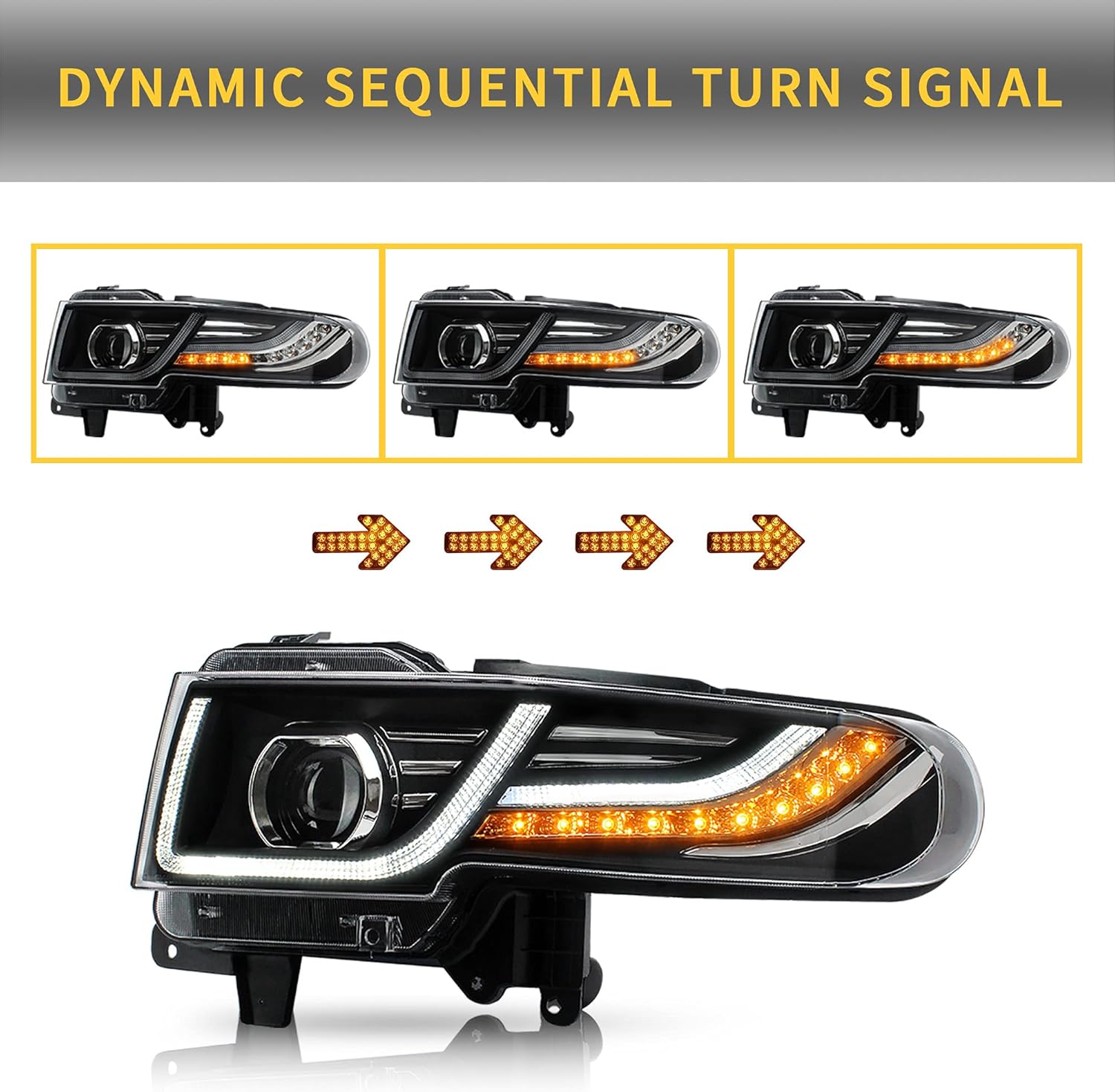 VLAND Dual Beam Projector LED Headlight & Black Bumper Grille & D2S LED light bulbs For Toyota FJ Cruiser SUV 2007-2021 W/Sequential Turn Signal & DRL Bars YAA-FJ-0249A, (Bulbs Included)