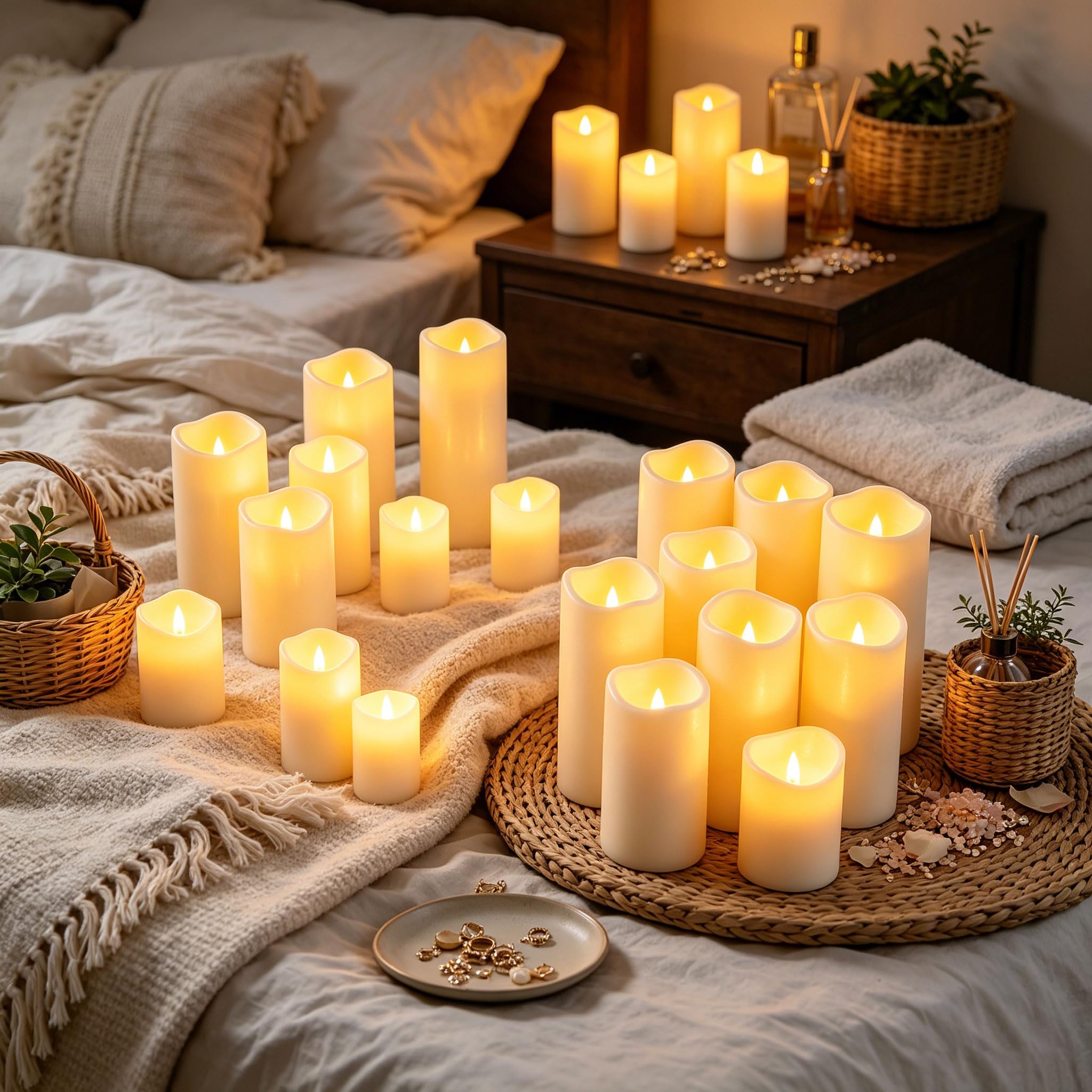 Velas LED Impermeables Marfil con Mando 12 Piezas 5.5cm 4 Tamaños Plástico Resistente Calor Lluvia