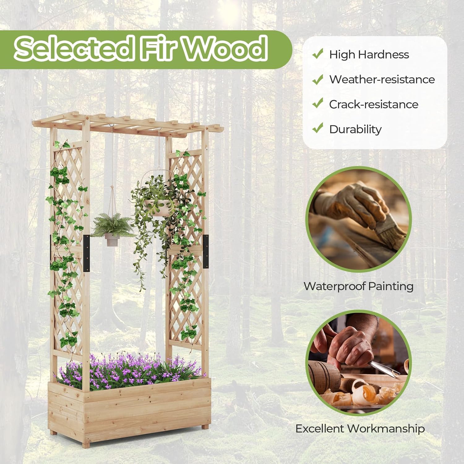 TANGZON Raised Garden Bed with Arch Trellis, Freestanding Ground Garden Planter Box, Outdoor Vertical Trough Planter Container for Vine Climbing Plant Flower Herb (Natural, 110 x 44 x 180 cm)