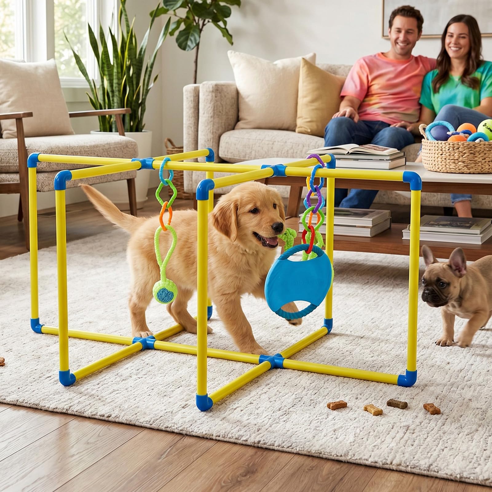 Aktywności Puppy Gym do Treningu w Pomieszczeniu Solidny Plac Zabaw z PVC w Dżungli z Wiszącymi Zabawkami dla Energicznych Zwierząt Żółty Zielony