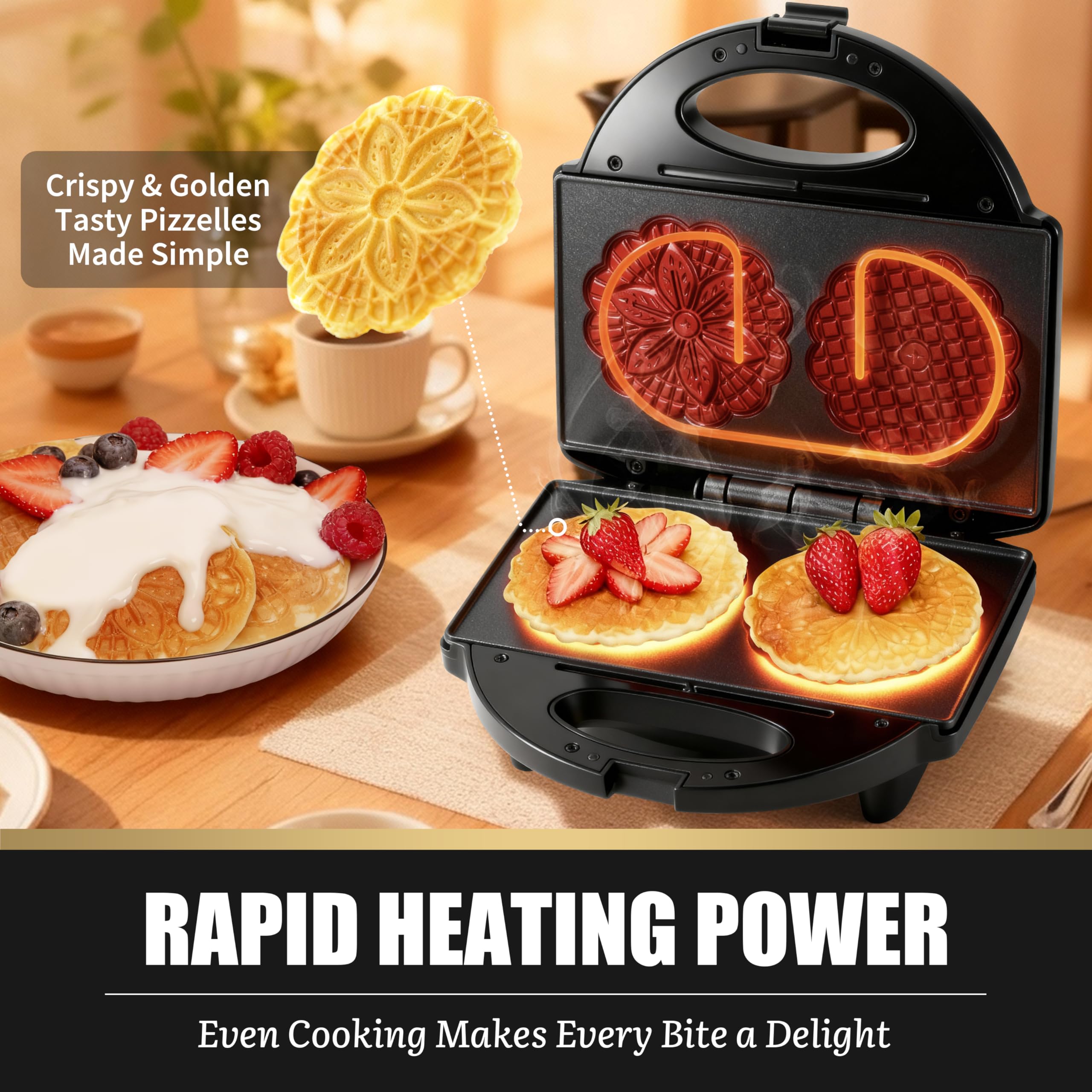 FineMade Pizzelle Maker con rivestimento antiaderente, pressa elettrica per biscotti con motivo fiocco di neve, fai due biscotti italiani tradizionali da 4 pollici alla volta, ricetta inclusa