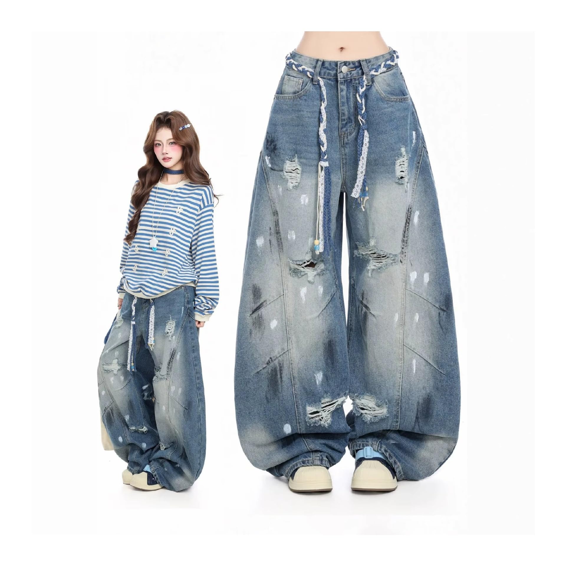 Jeans Vintage da Donna Pantaloni Lunghi a Gamba Larga Pantaloni Larghi