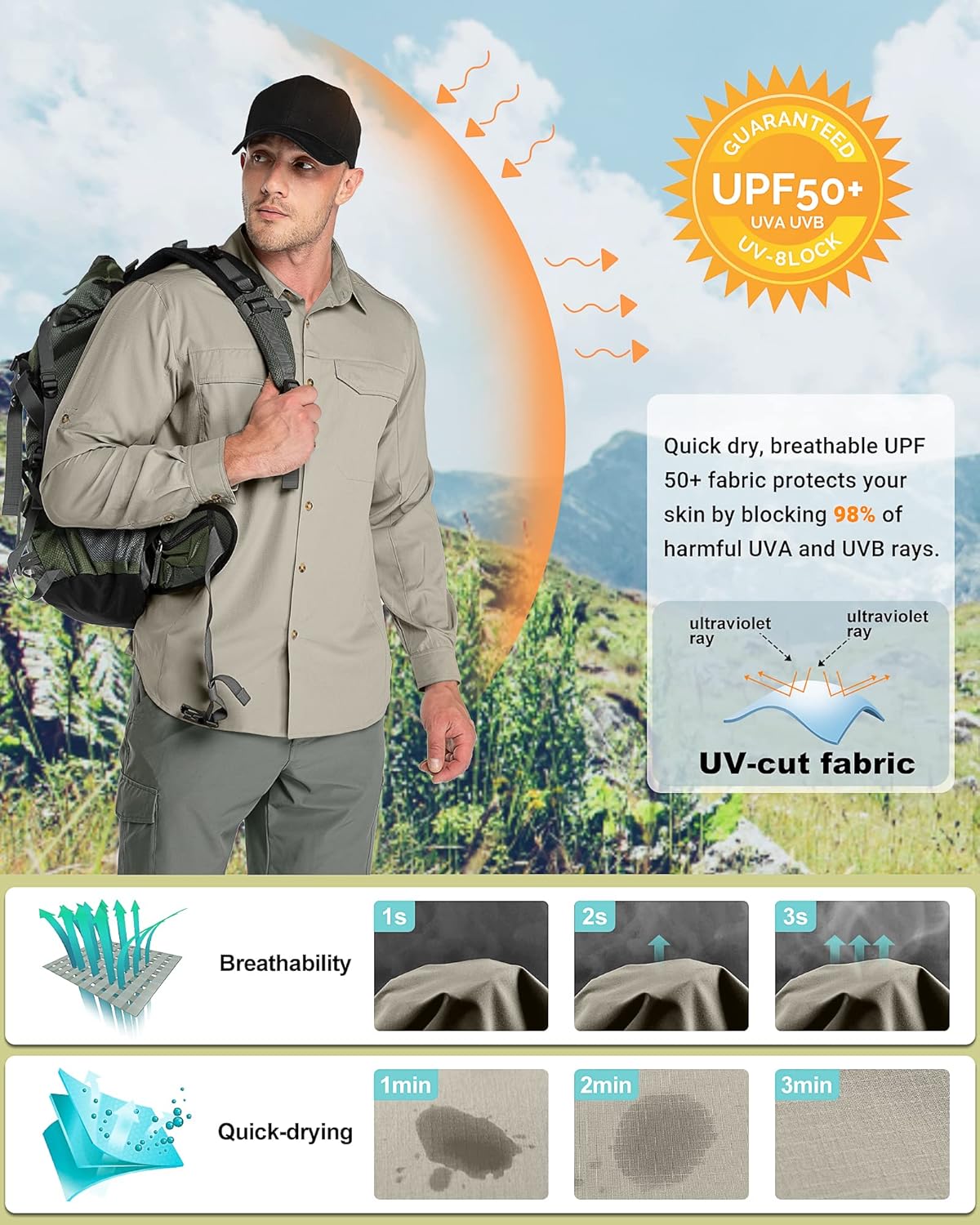 Outdoor Ventures Men's UPF 50+ UV Sun Protection SPF Hiking Shirt Long Sleeve Lightweight Quick Dry for Safari Travel Fishing - Image 4