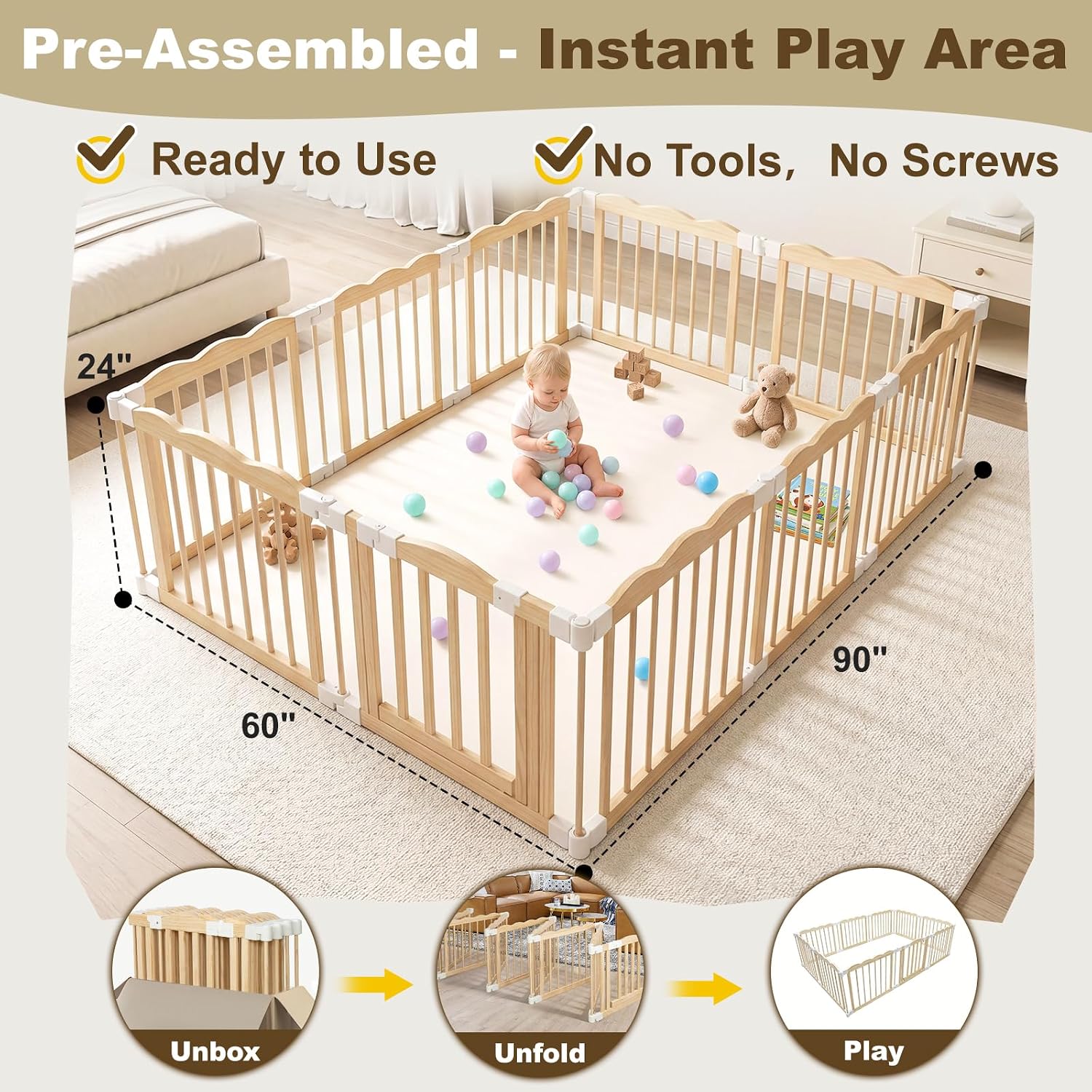 Foldable Wooden Playpen for Babies and Toddlers - 90 x 60 x 24 in, Pre-Assembled Wooden Baby Playpen – Ready to Use, No Assembly Required, Extra Large Play Pen Baby Play Yard with Locking Gate