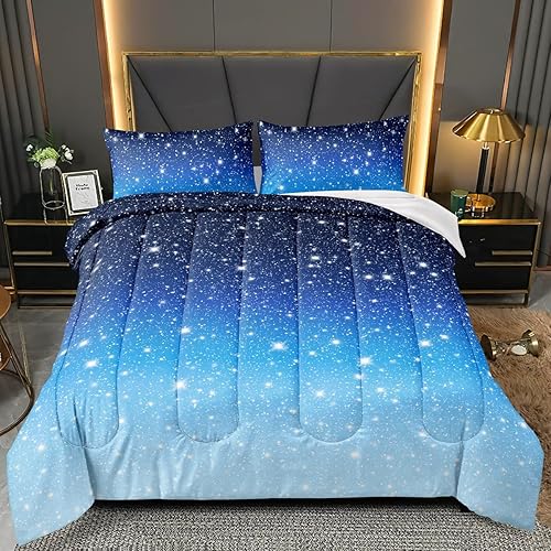 Miniatura 3 de Juego de edredón con purpurina degradado, tamaño Queen, juego de ropa de cama de galaxia rosa y morado para niños, niñas y mujeres, colorido arco