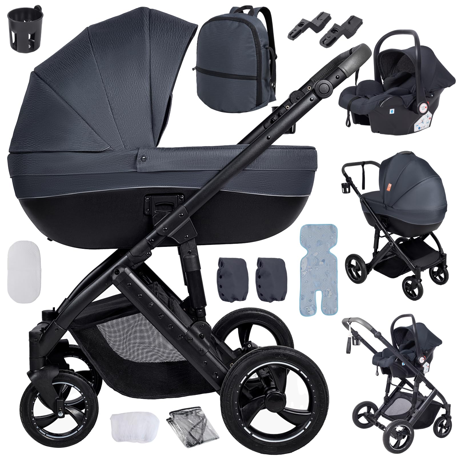 Veitoalioy Kinderwagen 3 in 1, Bequemer Multifunktionaler Kombikinderwagen 3 in 1 Komplettset, Aluminium Hohe Landschaft Babywagen, Faltbarer Kinderwagen Set (V7 Grey)