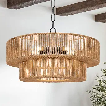 LamQee 22-Inch Farmhouse Rattan Chandelier, 5-Light Boho Pendant Light with Hand-Woven Wicker Shade