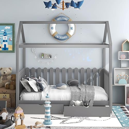 Miniatura 12 de Base de cama de casa de tamaño individual con techo y valla, marco de cama de madera para niños pequeños, adolescentes, niñas, niños, se puede