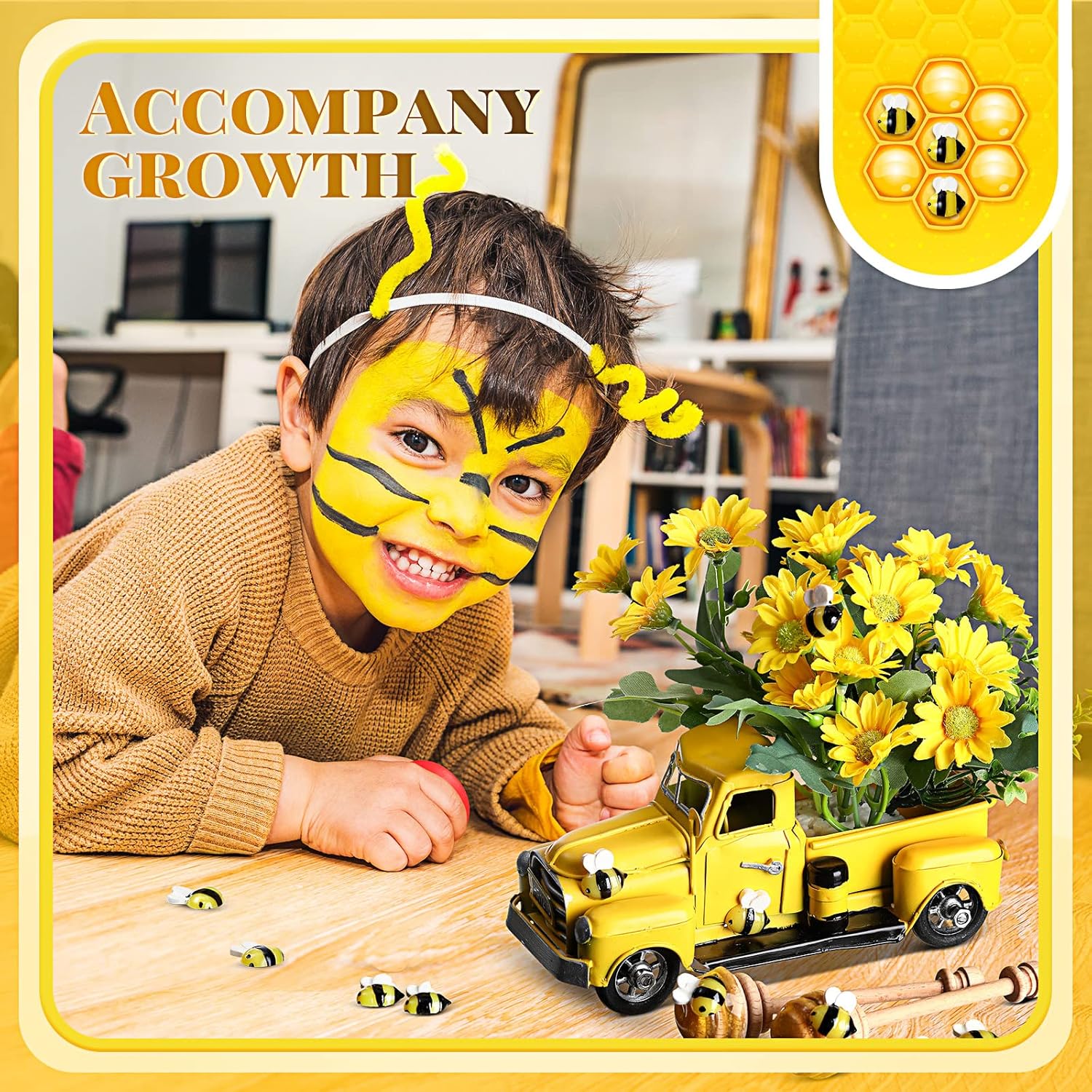 Honeybee Home Decor Includes Farm Fresh Honey Yellow Truck with Flowers Faux Honey Dippers and Artificial Bees Vintage Metal Decorative Truck with Flowers for Spring Summer Bookshelf Table Decors