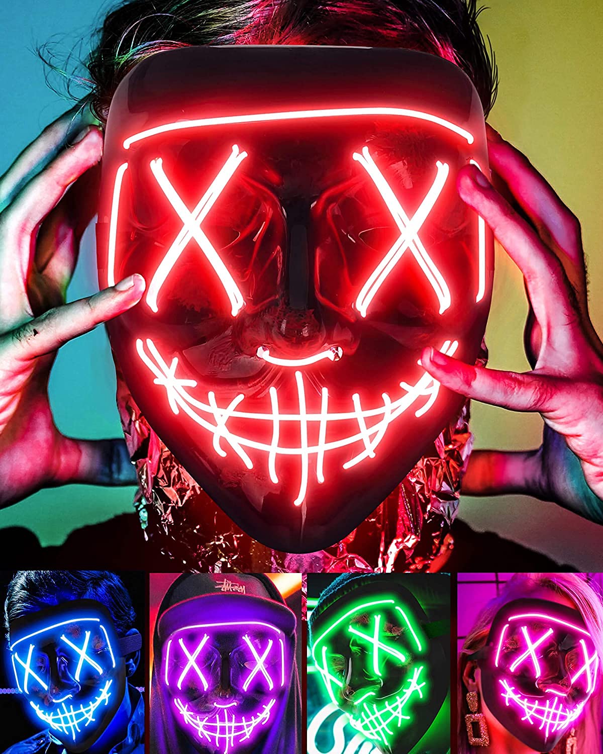 Beeban Neon LED Light-Up Mask for Halloween, Rave & Bachelor Party | Glow in the Dark Face Mask | Perfect Costume Accessory | Assorted Neon Colors (1 Pc) (B0BYFH22VJ) Amazon Price History, Amazon Price Tracker