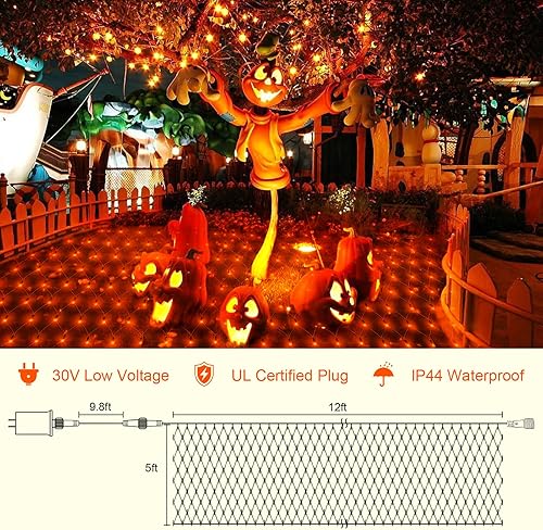 Miniatura 3 de Luces de red naranja impermeables para exteriores, 360 LED con control remoto, 12 x 5 pies, extensibles, 8 modos de luces de Navidad para arbustos