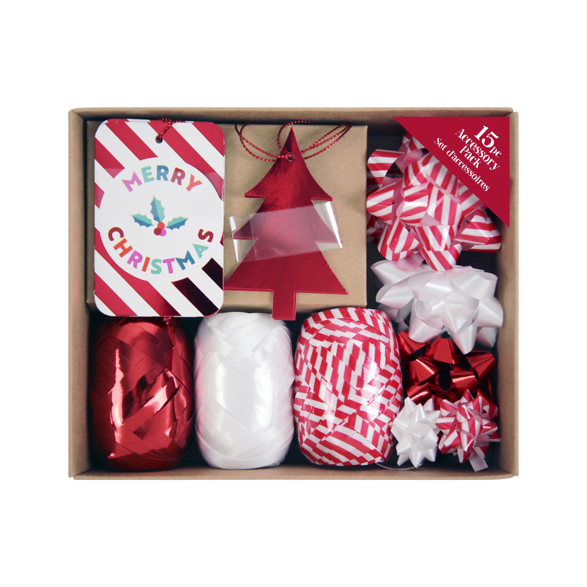 Eurowrap 15 Piece Candy Cane Christmas Tag, Ribbon & Bow Gift Wrapping Accessory Set – Red, White & Stripe Festive Decoration Kit