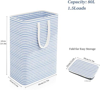 Caroeas 80L Laundry Bin, Collapsible Laundry Basket for Easy Storage, Freestanding Washing Baskets for Dirty Clothes with Reinforced Long Handles, Waterproof Slim Laundry Hamper for Baby, Blue | Blue, 80L Narrow Laundry Hamper, Freestanding Frame, PE-coated Waterproof Fabric, Reinforced Handles for Dirty Clothes