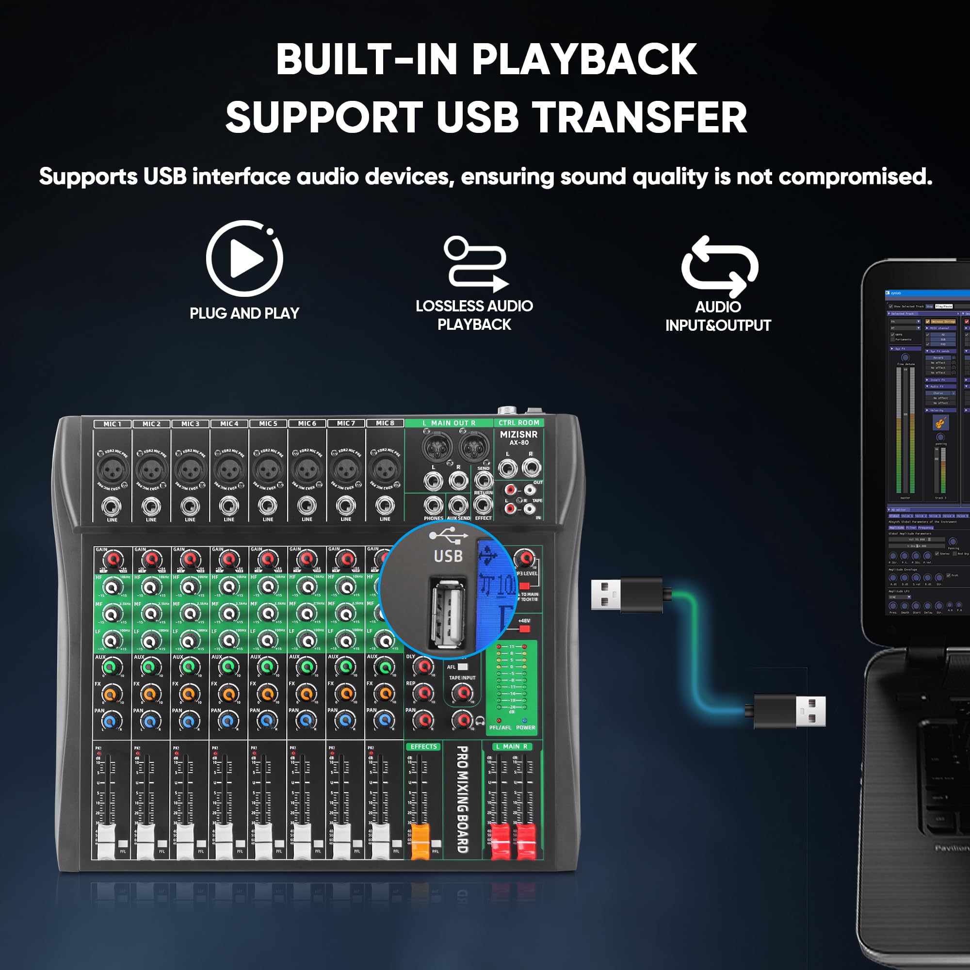 8 Channel Audio Mixer, Professional DJ Mixer Board Sound Music Mixing Console Digital Mixer with Reverb, Bluetooth, USB Port, 48V Phantom Power for Recording Karaoke Podcasting
