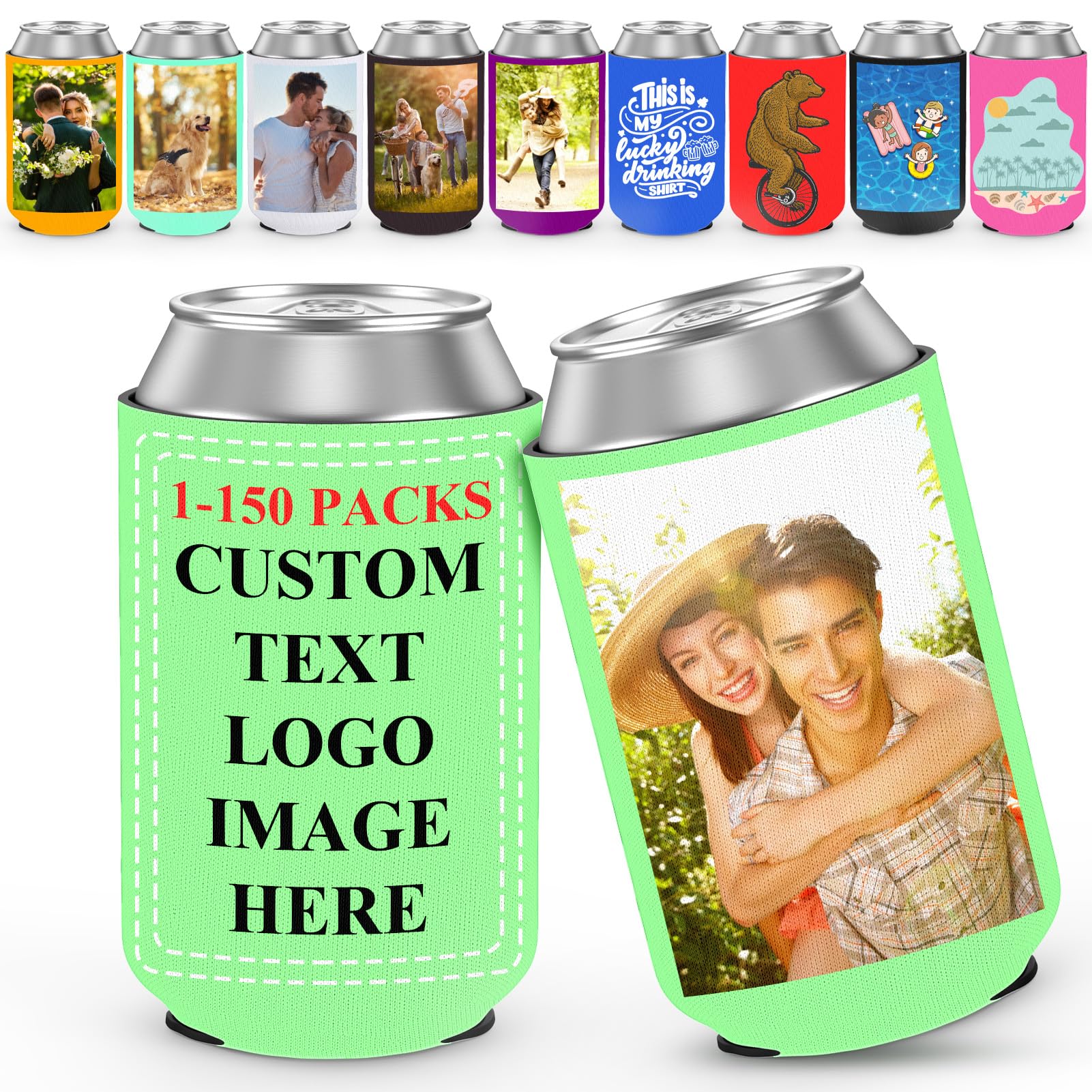 Custom Beer Can Cooler Sleeves Bulk Personalized Beer Sleeves Can Cooler Covers Foldable Insulated Beverage Bottle Holders with Logo Image Text for Wedding Birthday Party,1-150Pcs(Custom-12x9.5cm)