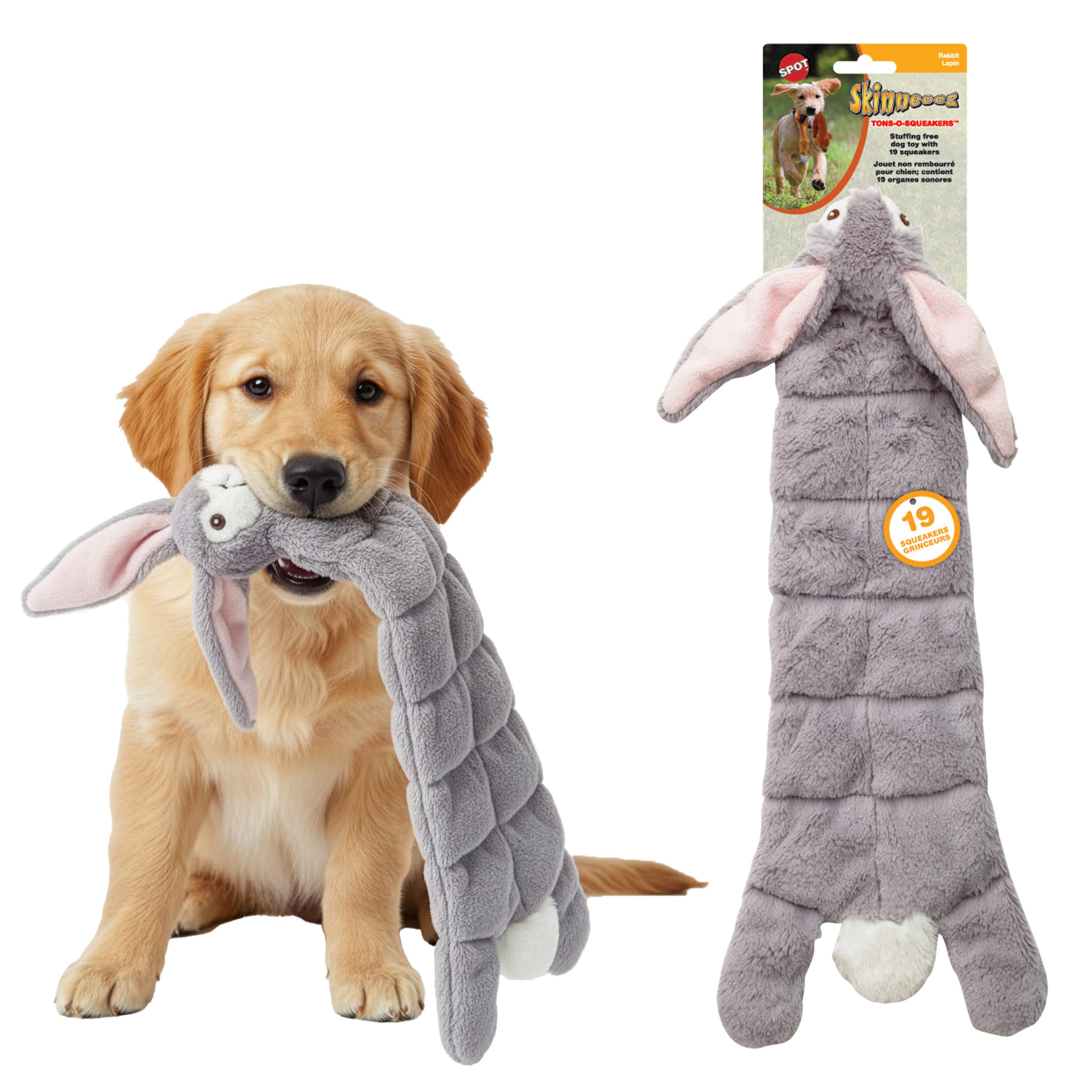 SPOT Skinneeez Tons-O-Squeakers Rabbit Dog Toy - with 19 Squeakers for Tons-O-Fun! Stuffing-Free, Great for Moderate Chewers, Tug Toy for Medium to Large Puppies & Dogs - 20in, Assorted Styles