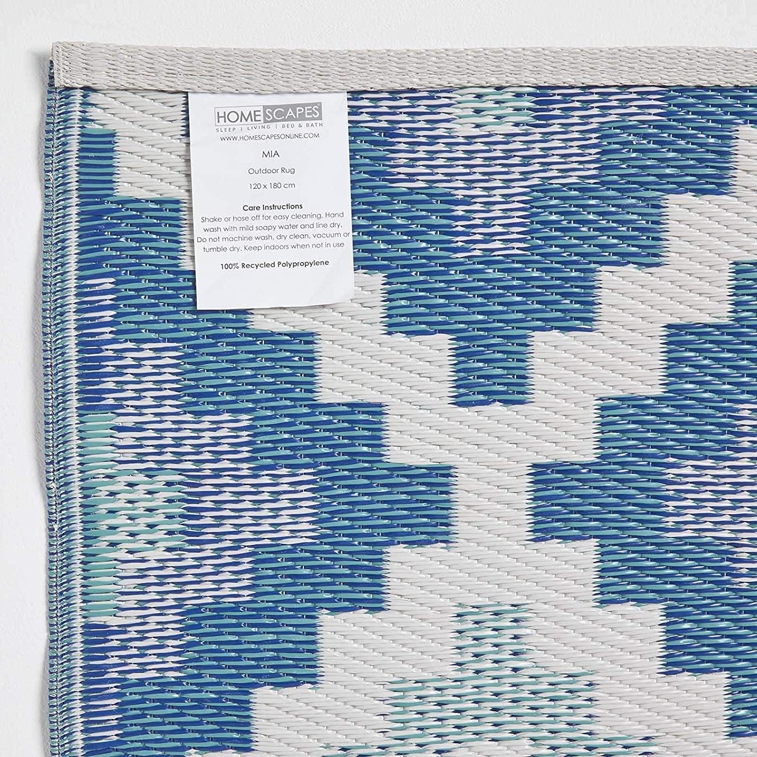 HOMESCAPES Alfombra de exterior azul para jardín o patio, 100% plástico reciclado, 180 x 270 cm, ligera, impermeable, geométrica, diseño azteca "Mia" alfombra tejida para el suelo interior y exterior