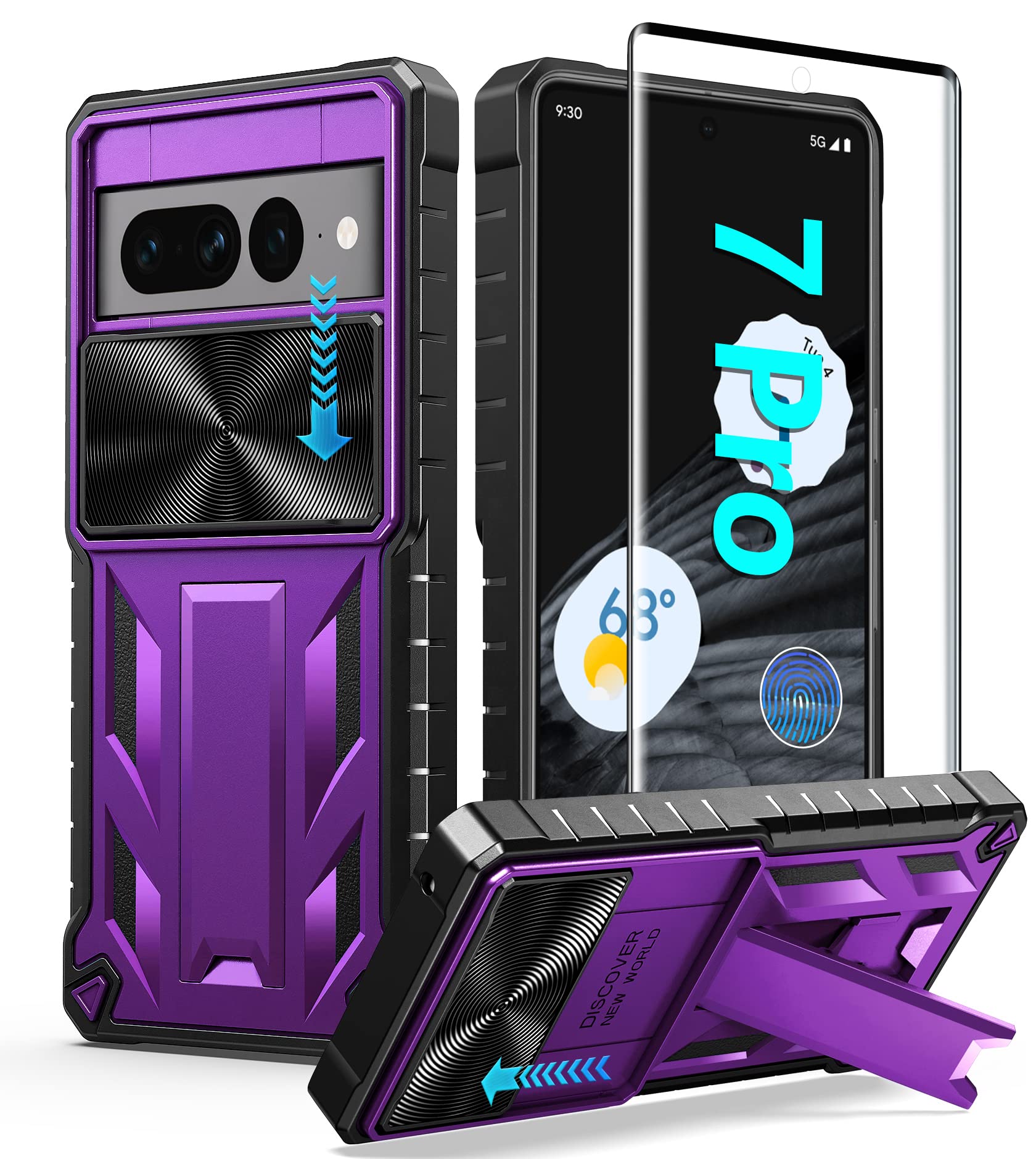 for Google Pixel 7-Pro Phone Case: Drop Proof Protection Cover with Kickstand | Matte Textured Shockproof TPU | Protective Sturdy 5G Bumper Case - Purple