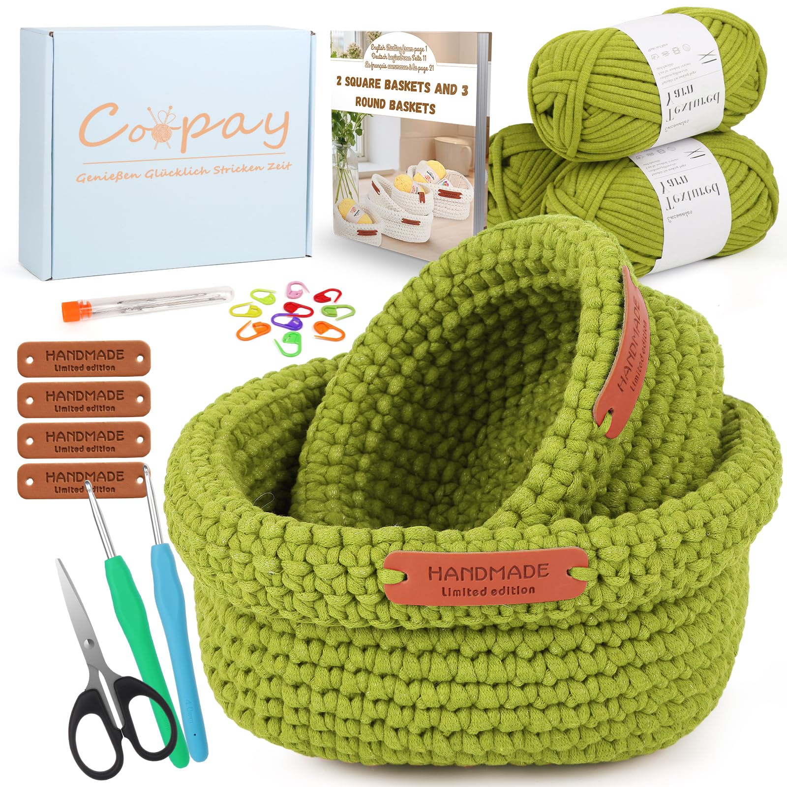 Coopay Häkelset für Anfänger, 2 Größen Square Körbe Häkelset mit Häkelnadel, Anleitung, 5mm Dicke Wolle zum Häkeln Korb Lernen, Kreative Geschenke für Töchter, Familie und Freunde - Avocado Grün