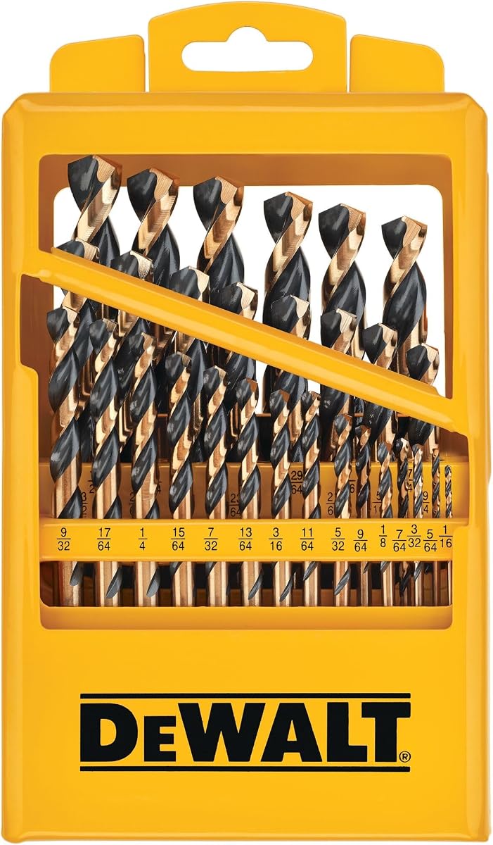 Juego de brocas DEWALT 29 piezas negro y oro, acero de alta velocidad, punto de división, recubrimiento de óxido negro, hélice optimizada, juego de brocas de núcleo más fuerte para taladro (DWA1189)