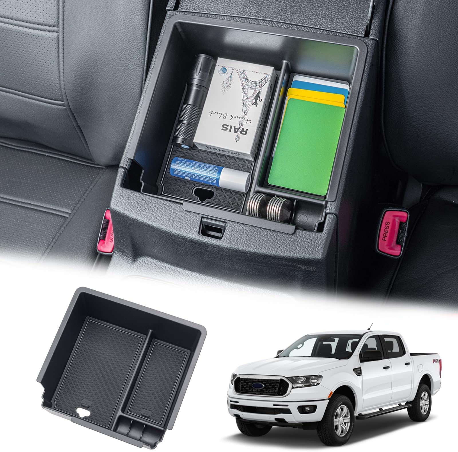 PIMCAR Compatible with 2019 2020 2021 2022 2023 Ford Ranger Center Console Organizer ABS Plastic Material Armrest Box Insert Tray Accessories (Not for 2023 Ranger XL/Raptor/Wildtrak)-Black Trim