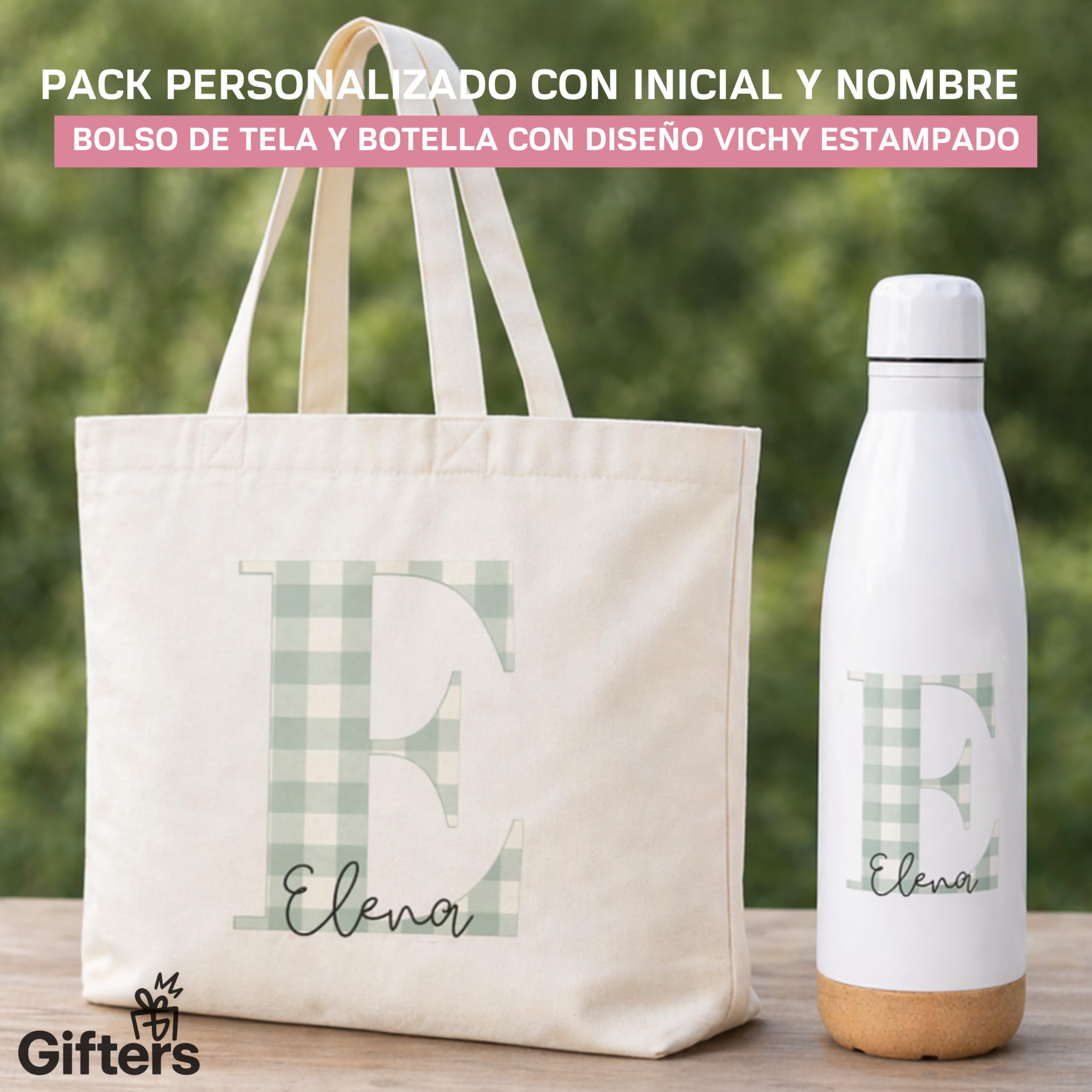 Gifters | Pack Bolsa y Botella Personalizadas con Inicial y Nombre | Estampado Cuadros Vichy | Tote Bag + Botella Acero Inoxidable 750 ml | Regalo Original Mujer, Amiga, Madre, Navidad, Cumpleaños