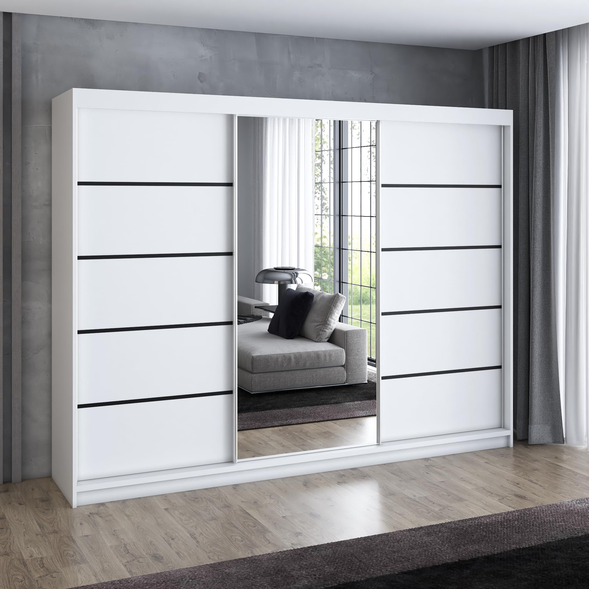 A&J MöbelLand Schwebetürenschrank VILUNO 2 Kleiderschrank 3-türig 200 cm mit Spiegel, 4 Schubladen & 2 Kleiderstangen, Geräumiger Schlafzimmerschrank (Weiß)