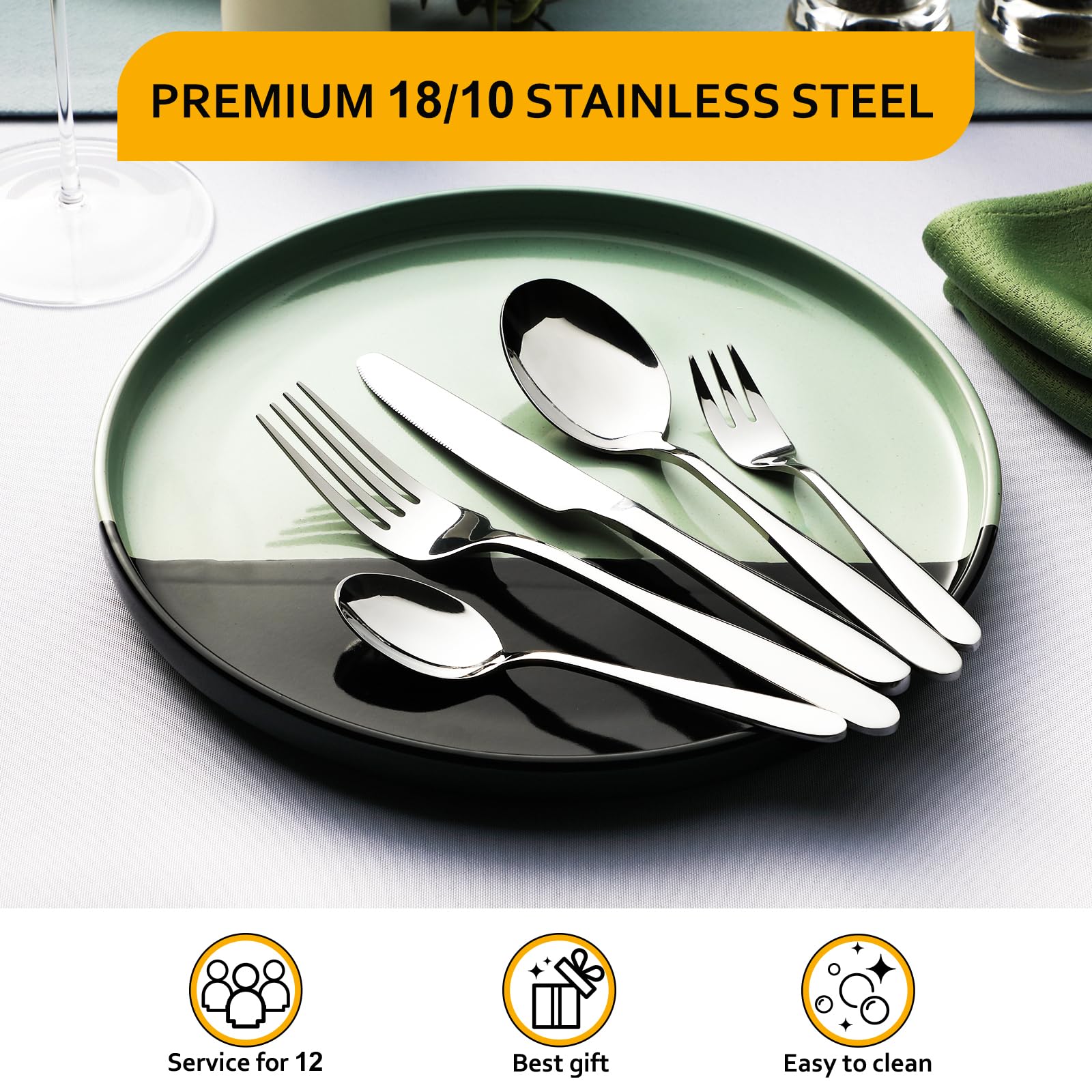 Velaze Set di Posate da Tavola per 12 Persone, Set 60 Pezzi in Acciaio Inox 18/10, Posate Servizio 12 Cucchiaio, 12 Forchetta, 12 Coltello, 12 Cucchiaino tè, 12 Forchetta Dolce - Argento (C60)