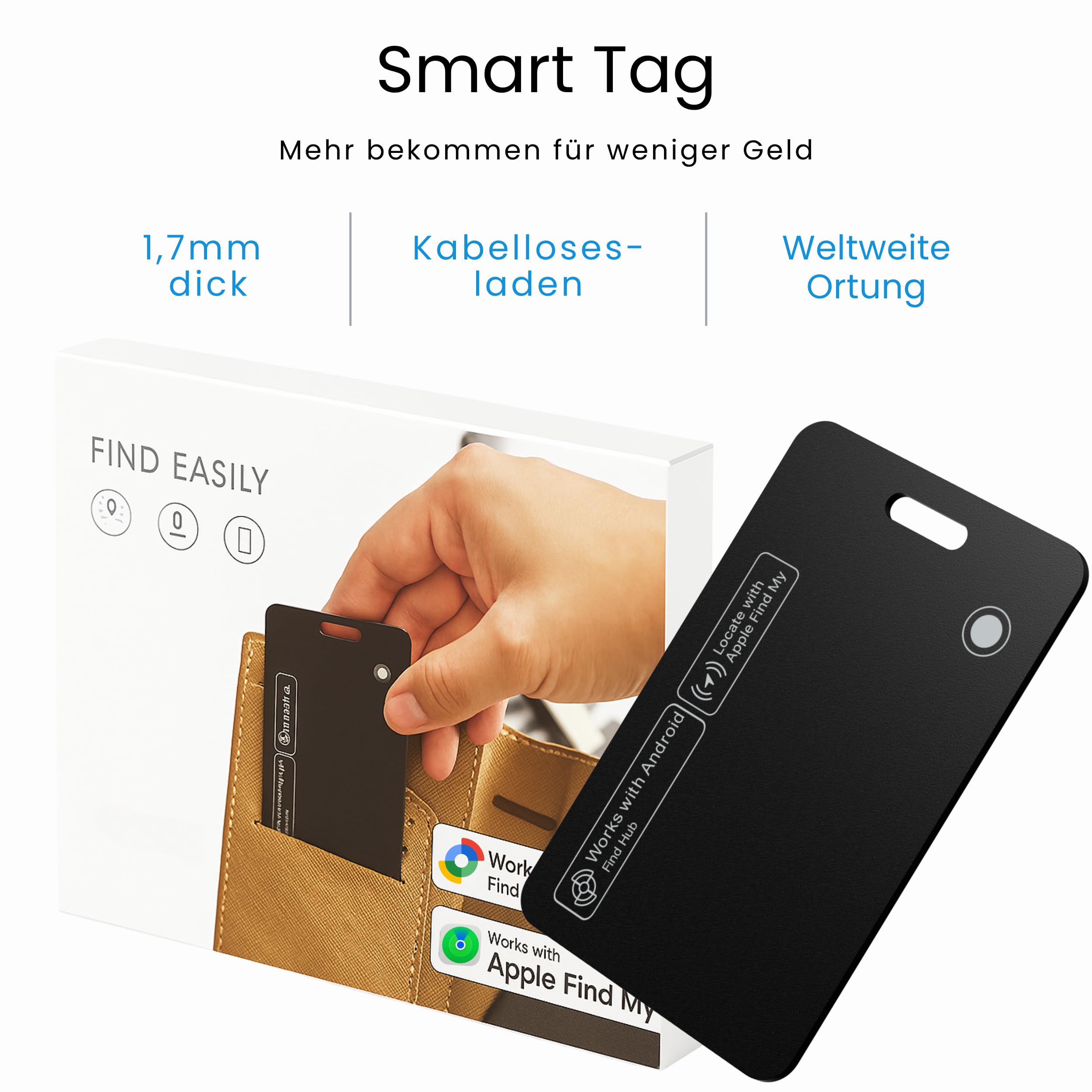 Traceur GPS Smart Tag Carte pour portefeuille [Android & iOS] Étanche Localisation mondiale iOS où se trouve et Google find My Device APP